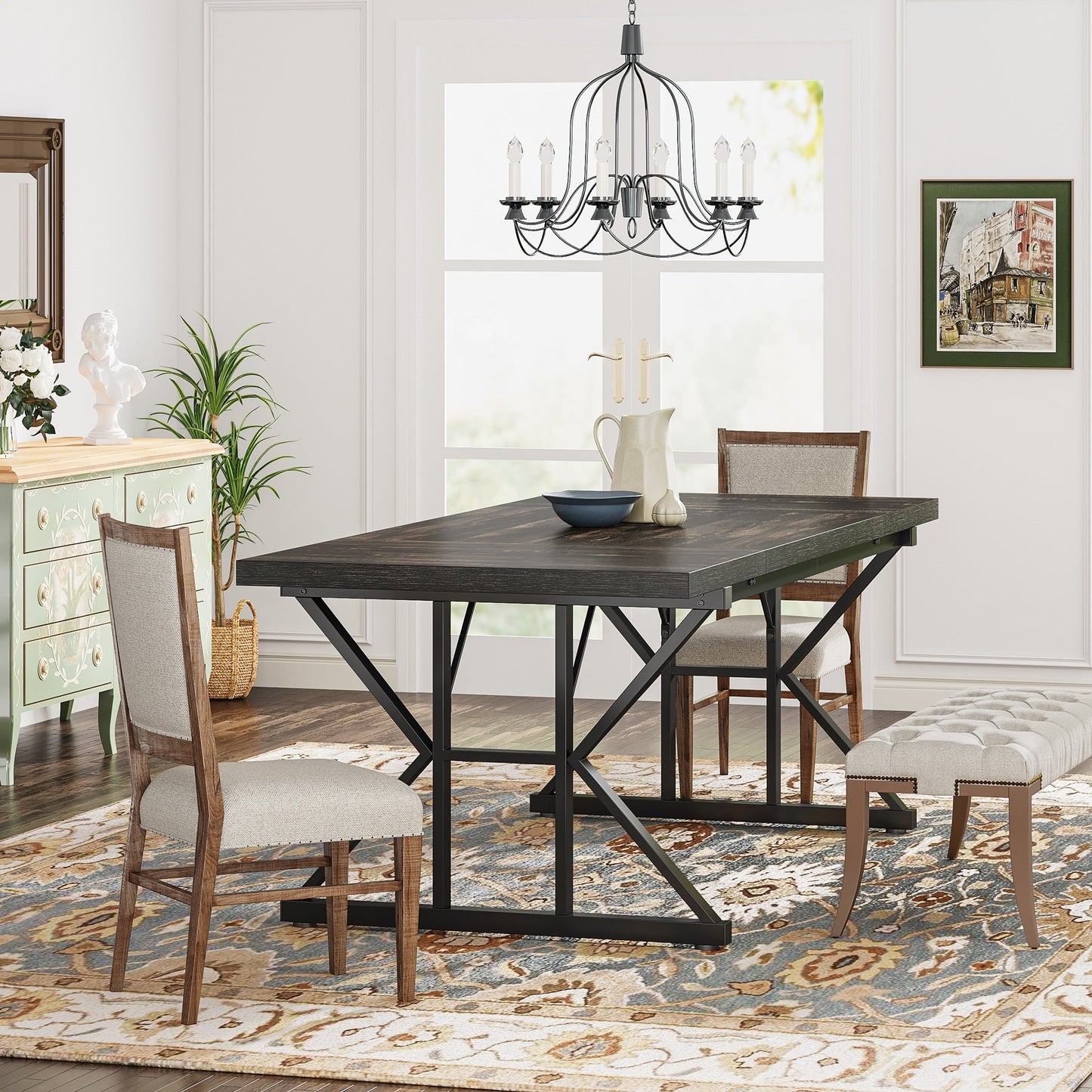 Table de salle à manger de style farmhouse pour 6 personnes, table de cuisine rectangulaire en bois de 70,8 pouces