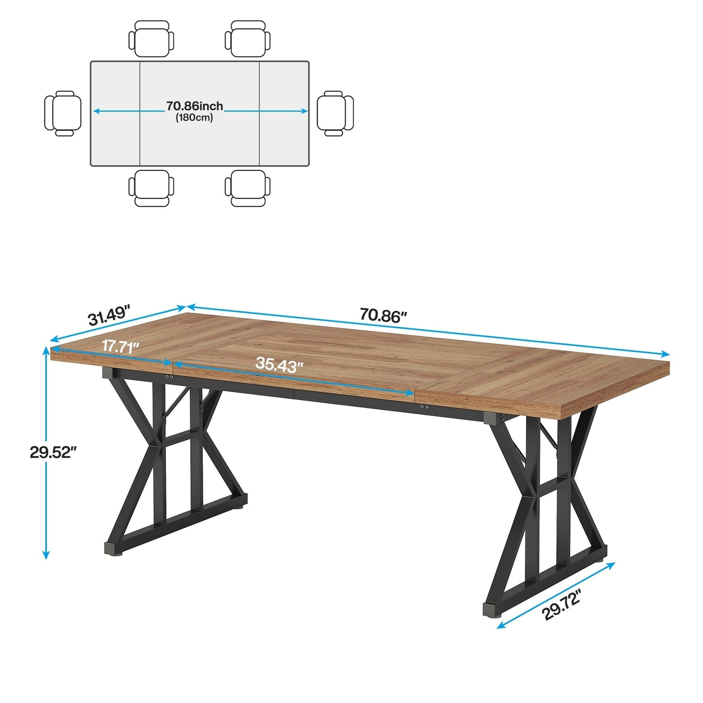 Table de salle à manger de style farmhouse pour 6 personnes, table de cuisine rectangulaire en bois de 70,8 pouces