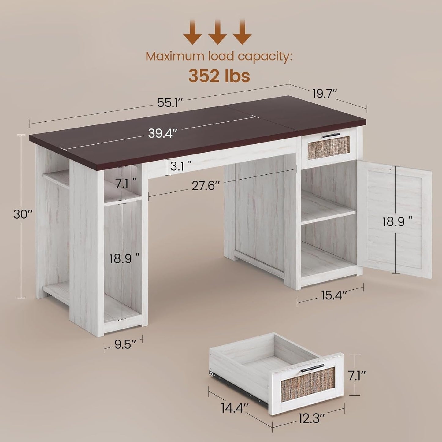 Bureau de direction style farmhouse, bureau de travail à domicile, bureau avec tiroir à dossiers, support de moniteur, prise de courant.