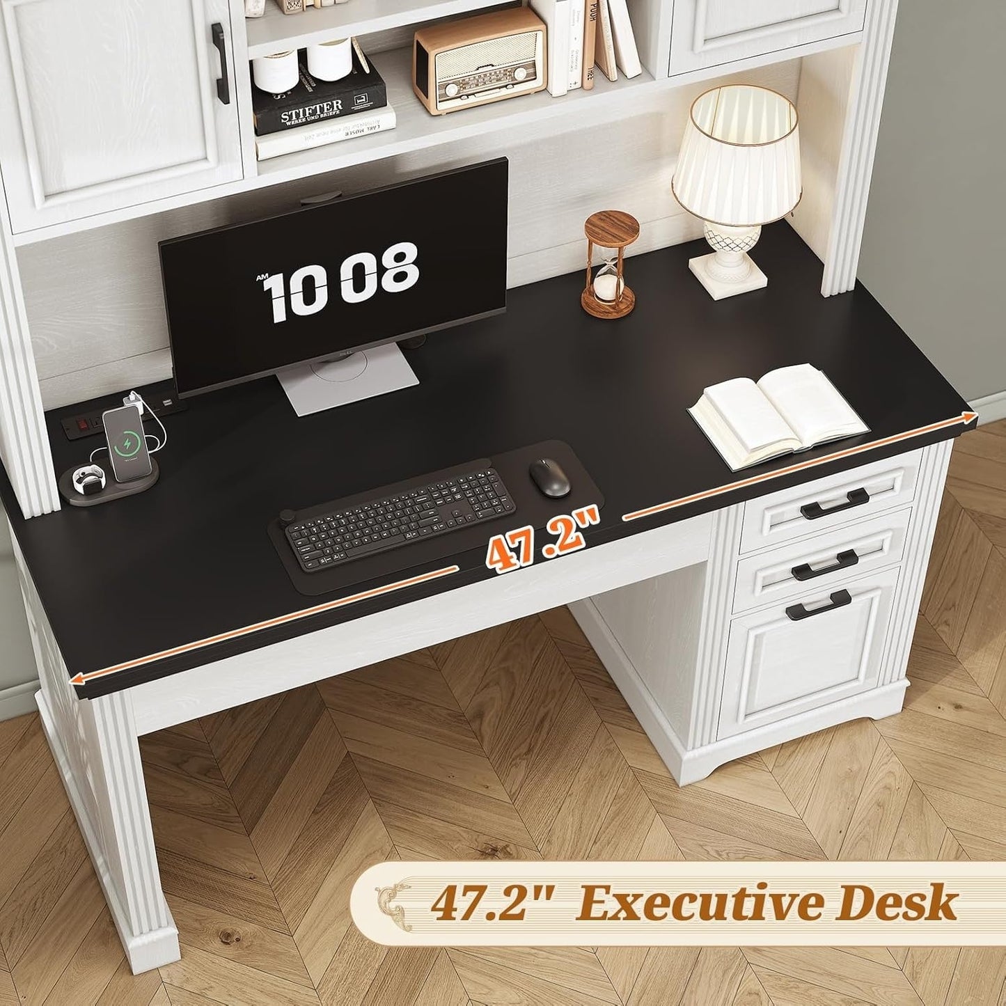 Bureau de direction style farmhouse, bureau de travail à domicile, bureau avec tiroir à dossiers, support de moniteur, prise de courant.