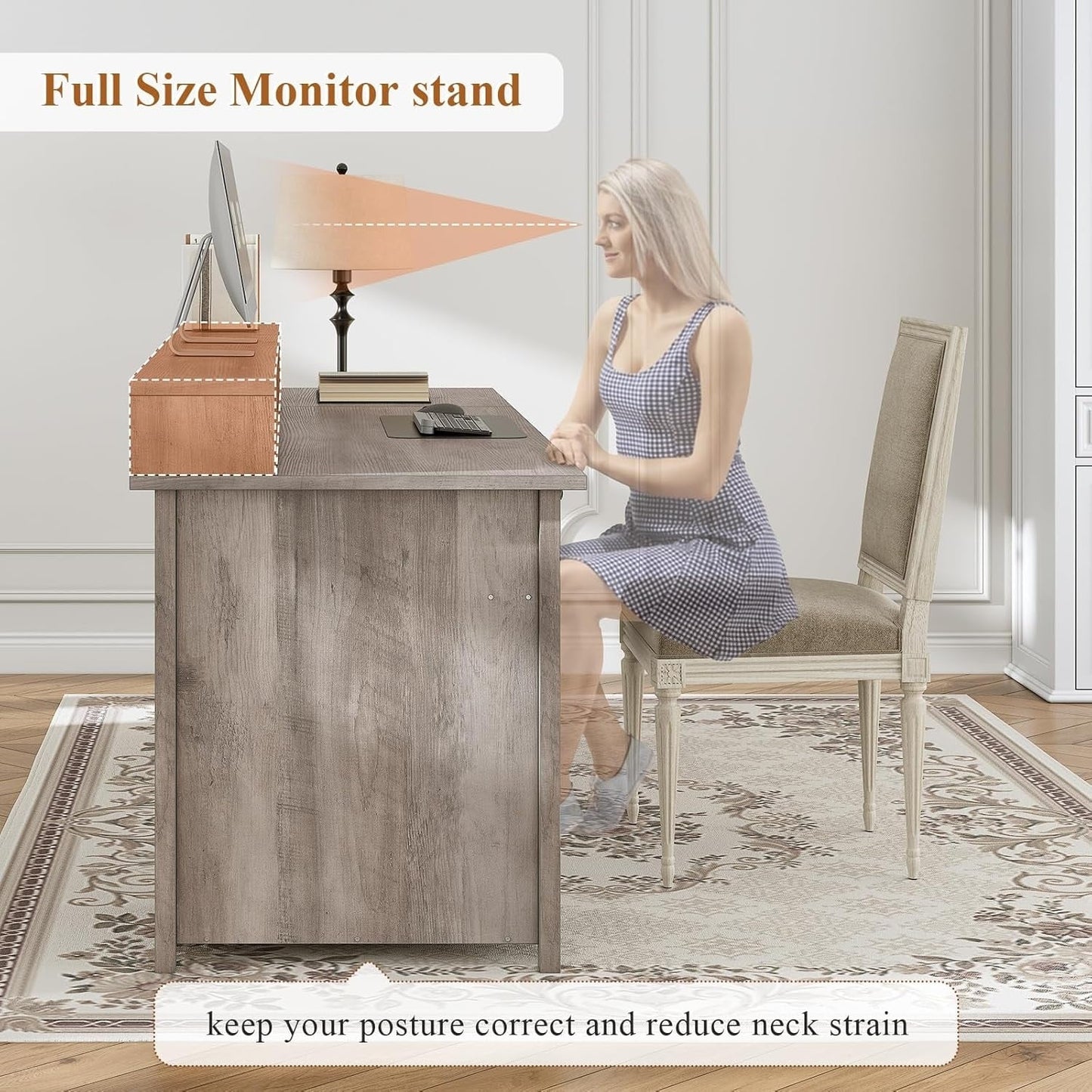Bureau de direction style farmhouse, bureau de travail à domicile, bureau avec tiroir à dossiers, support de moniteur, prise de courant.