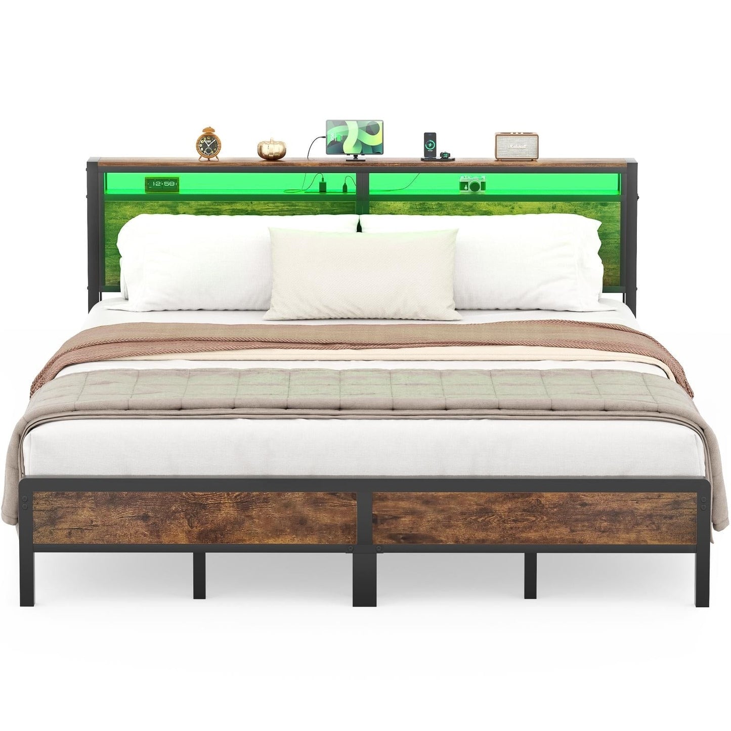 Cadre de lit à plateforme en bois de style farmhouse avec station de recharge et lumières LED
