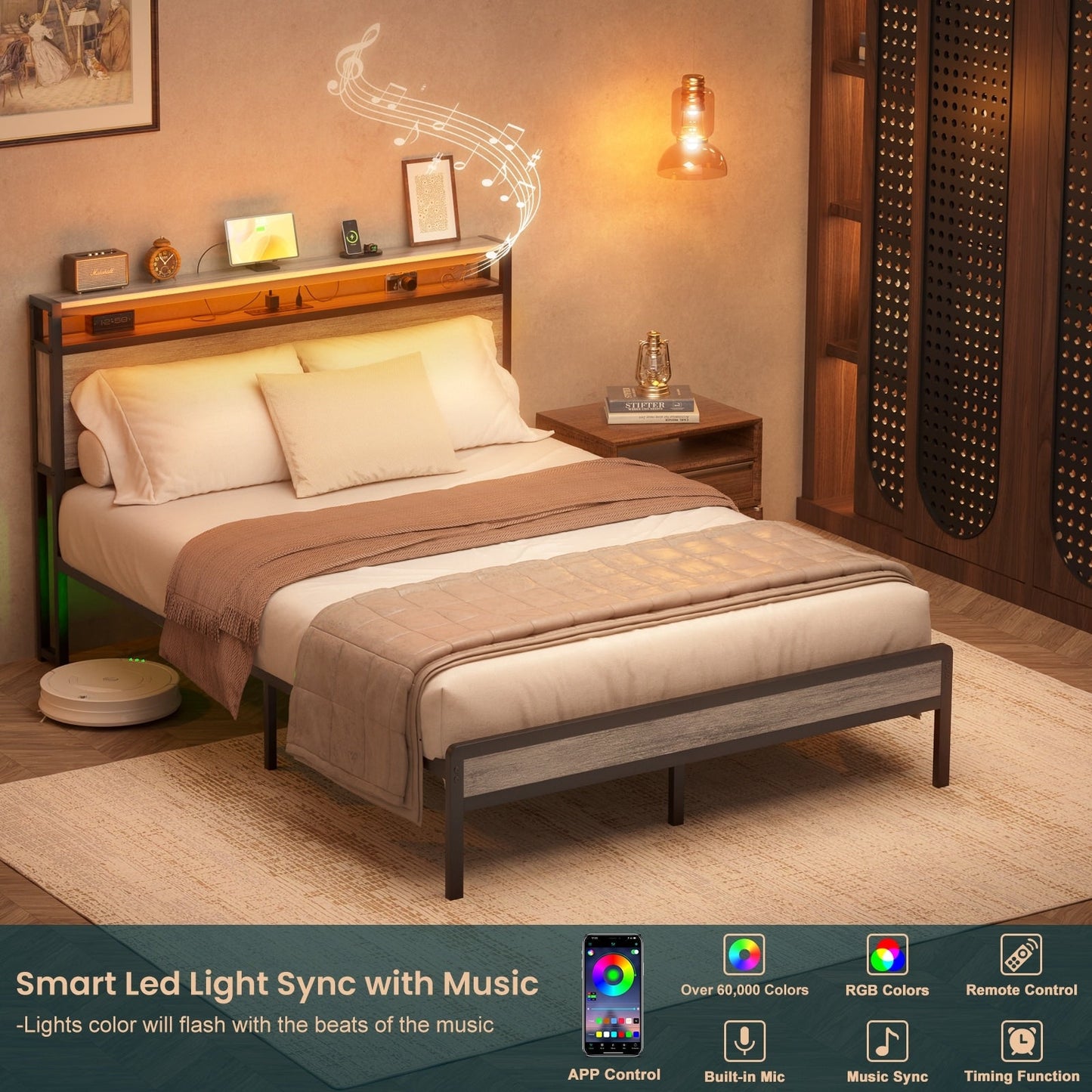 Cadre de lit à plateforme en bois de style farmhouse avec station de recharge et lumières LED