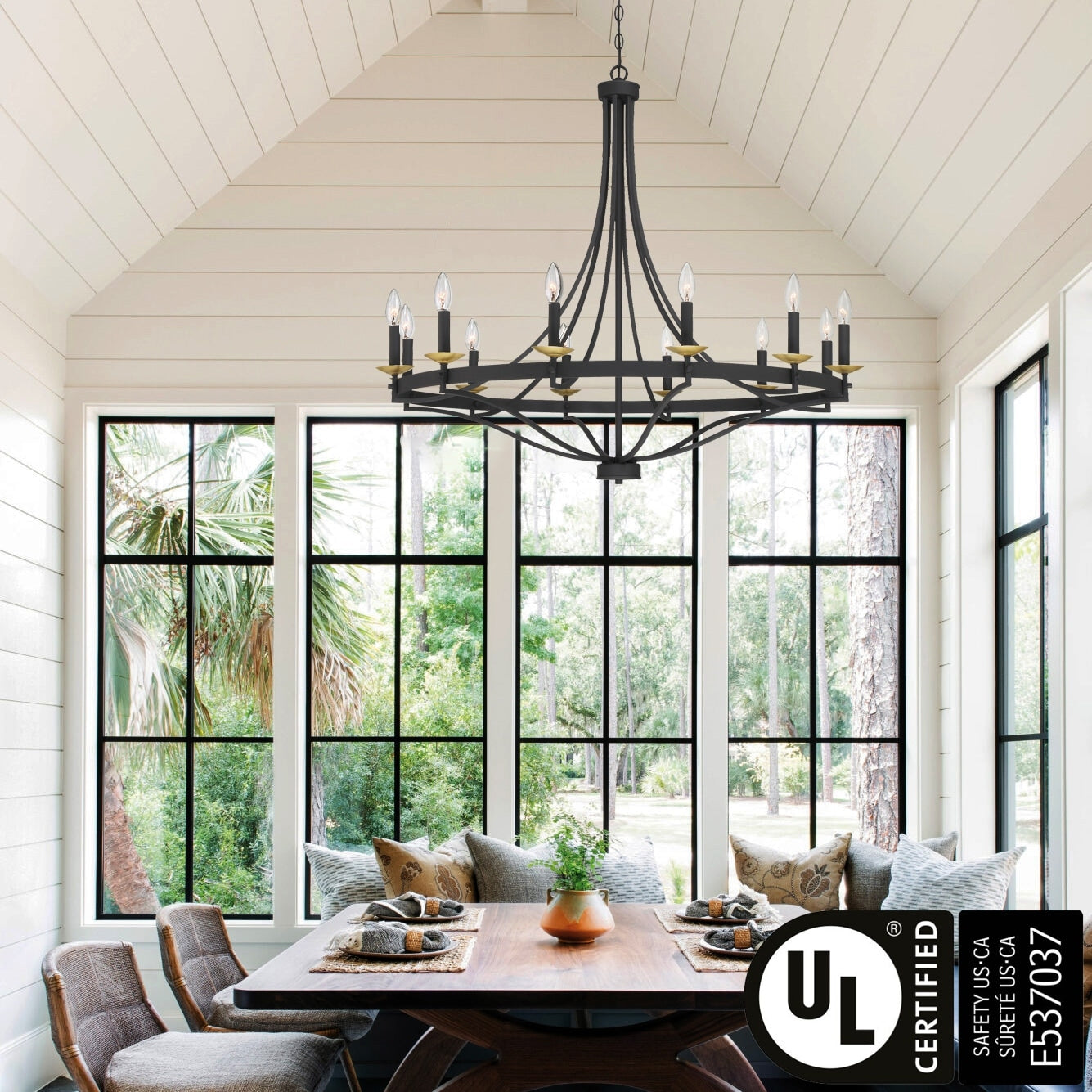 Luminaire à suspension Fidenza à 12 lumières, style ferme moderne, en forme de roue de charrette, avec certification UL - D40'' * H135''