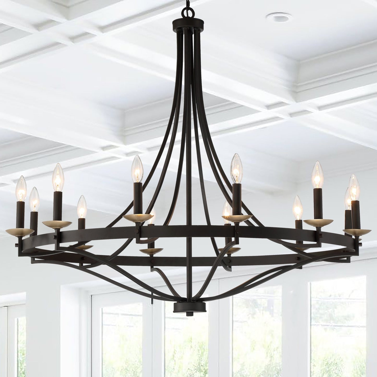 Luminaire à suspension Fidenza à 12 lumières, style ferme moderne, en forme de roue de charrette, avec certification UL - D40'' * H135''