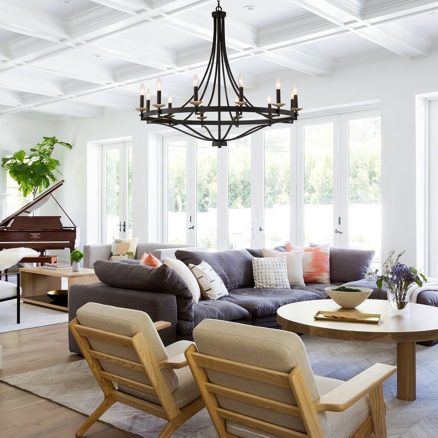 Luminaire à suspension Fidenza à 12 lumières, style ferme moderne, en forme de roue de charrette, avec certification UL - D40'' * H135''