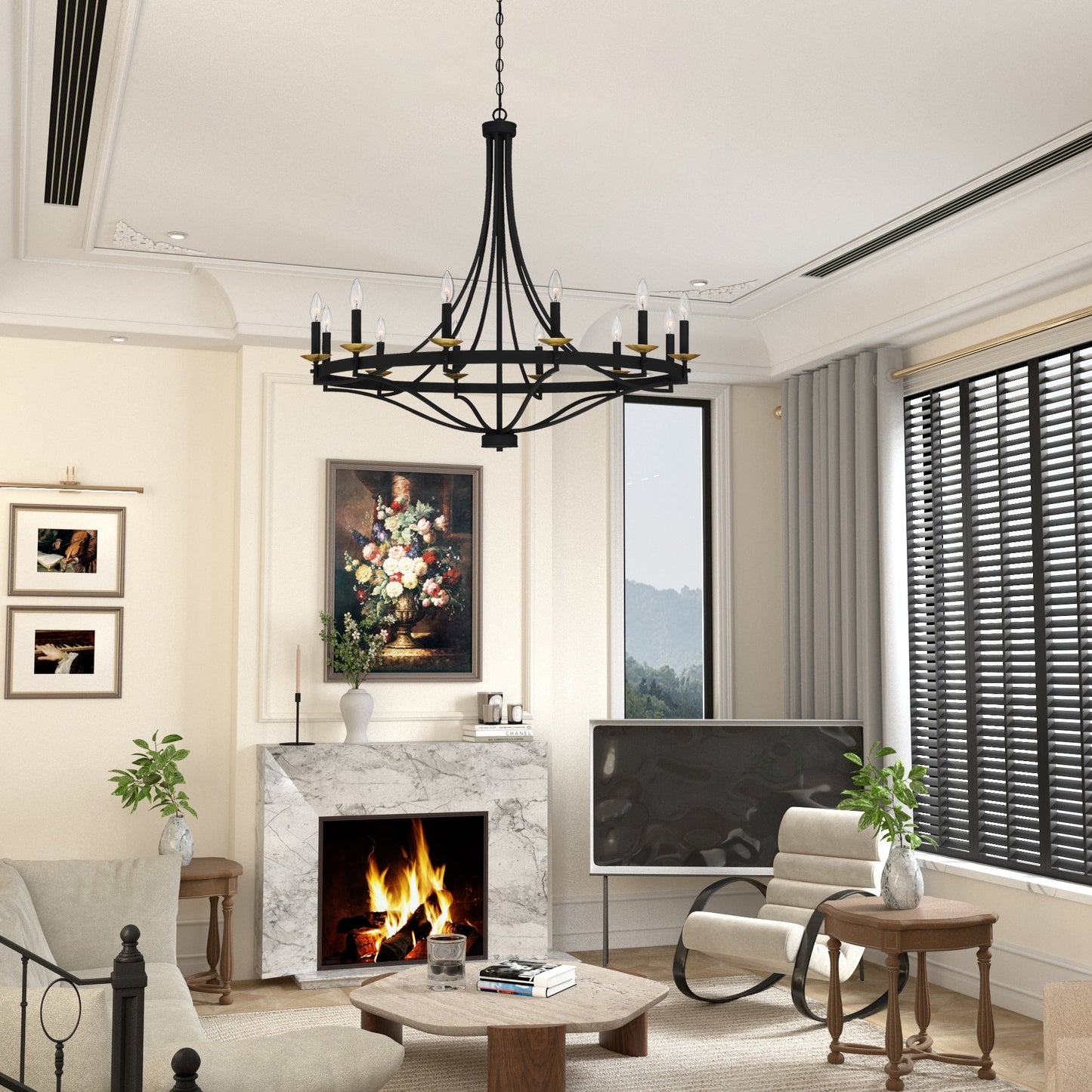 Luminaire à suspension Fidenza à 12 lumières, style ferme moderne, en forme de roue de charrette, avec certification UL - D40'' * H135''