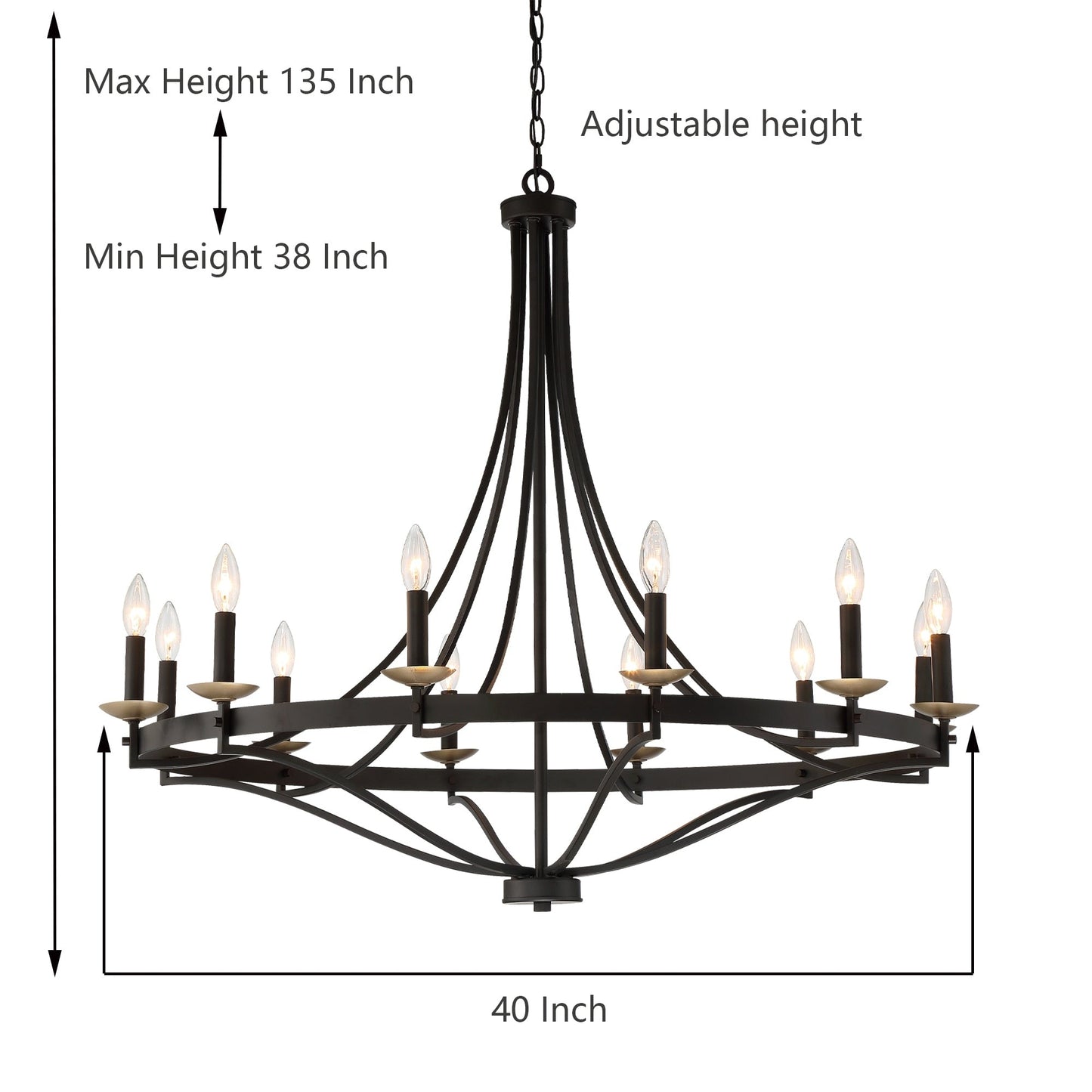 Luminaire à suspension Fidenza à 12 lumières, style ferme moderne, en forme de roue de charrette, avec certification UL - D40'' * H135''