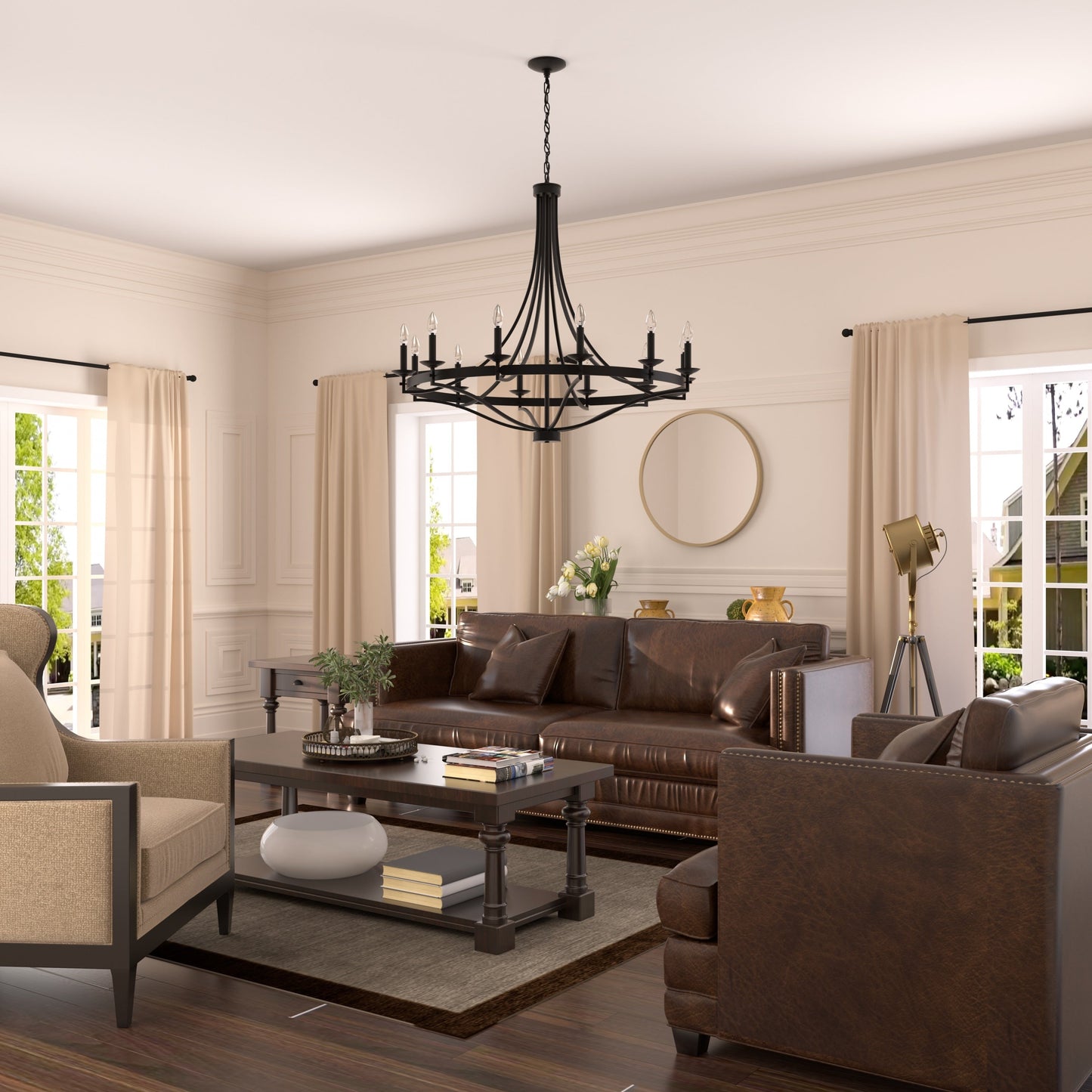 Luminaire à suspension Fidenza à 12 lumières, style ferme moderne, en forme de roue de charrette, avec certification UL - D40'' * H135''