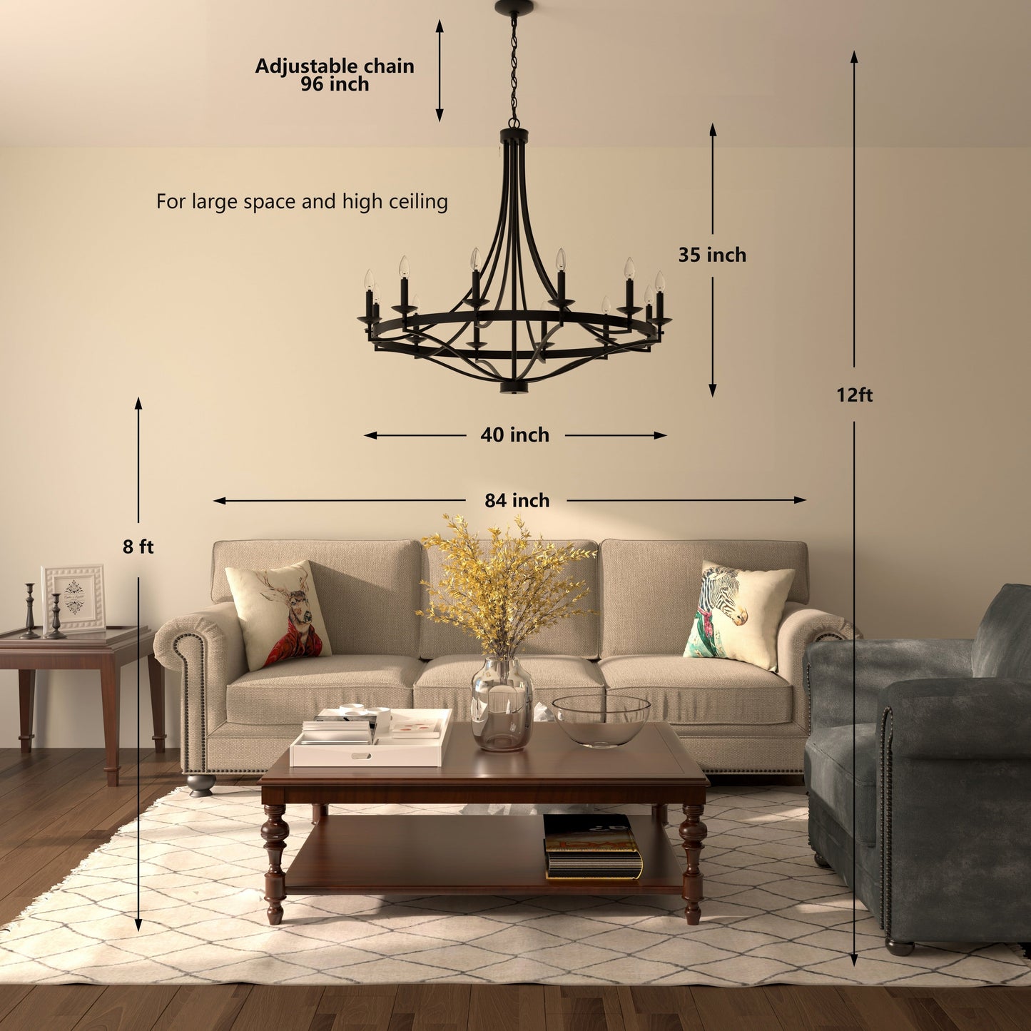 Luminaire à suspension Fidenza à 12 lumières, style ferme moderne, en forme de roue de charrette, avec certification UL - D40'' * H135''