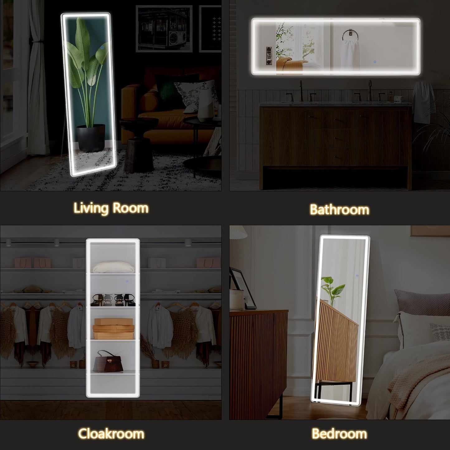 Grand miroir de sol avec éclairage LED, miroir pleine longueur 64 x 21 pouces avec support, miroir mural suspendu, miroir corporel entier.
