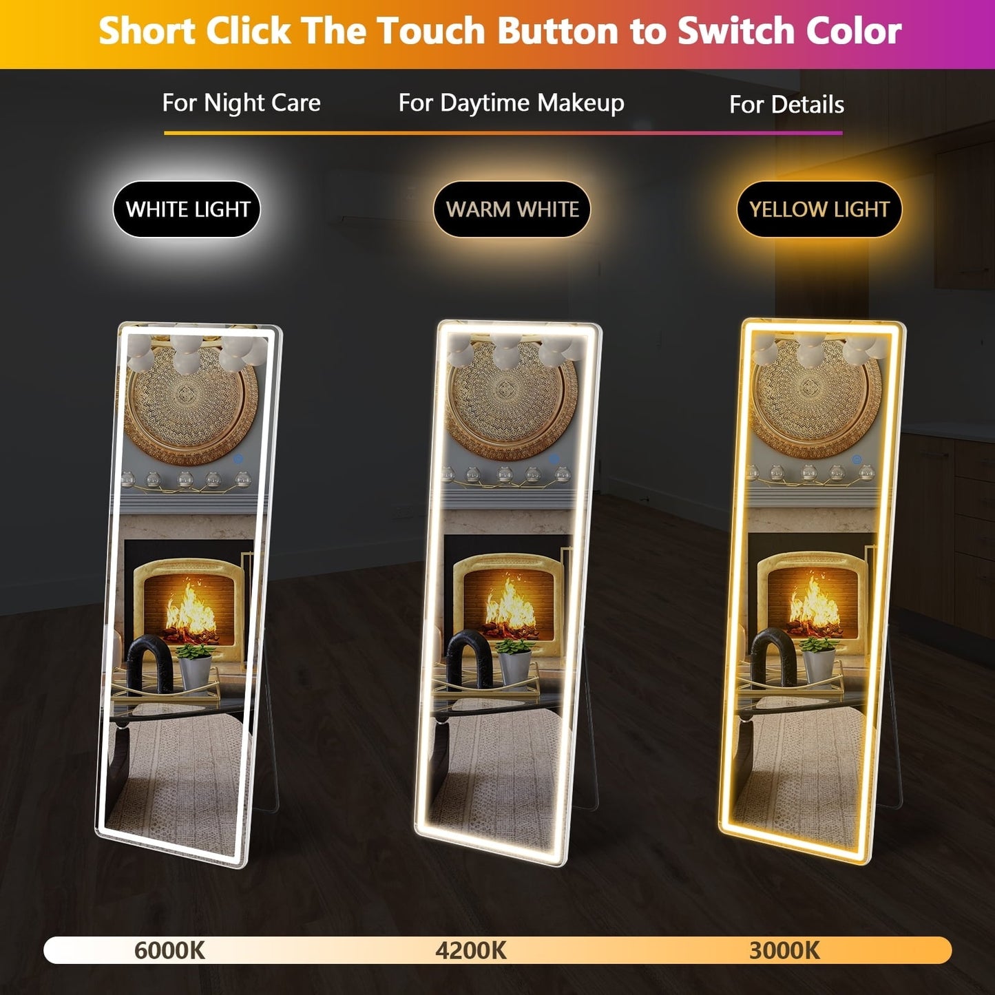 Grand miroir de sol avec éclairage LED, miroir pleine longueur 64 x 21 pouces avec support, miroir mural suspendu, miroir corporel entier.