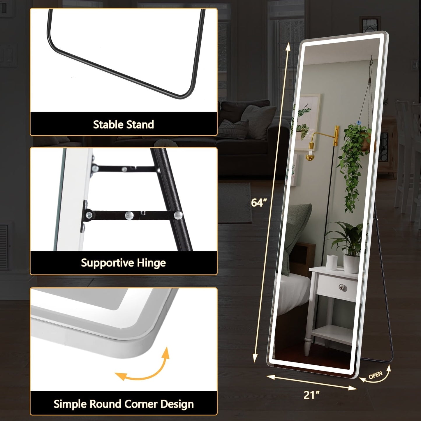 Grand miroir de sol avec éclairage LED, miroir pleine longueur 64 x 21 pouces avec support, miroir mural suspendu, miroir corporel entier.