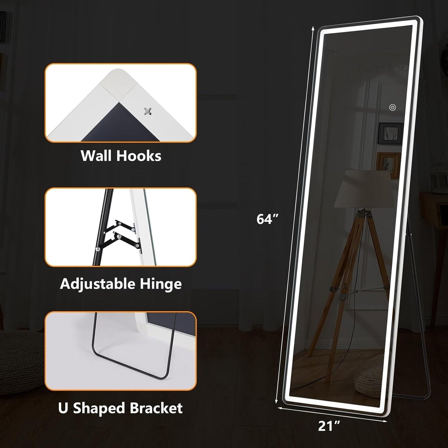 Grand miroir de sol avec éclairage LED, miroir pleine longueur 64 x 21 pouces avec support, miroir mural suspendu, miroir corporel entier.