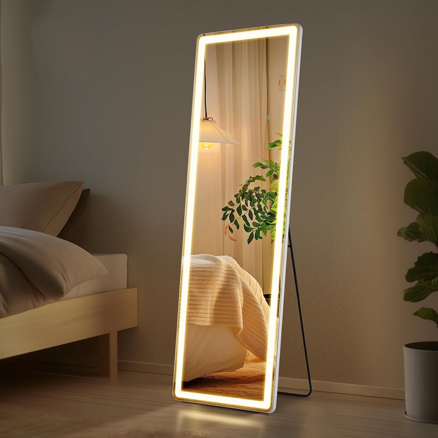 Grand miroir de sol avec éclairage LED, miroir pleine longueur 64 x 21 pouces avec support, miroir mural suspendu, miroir corporel entier.