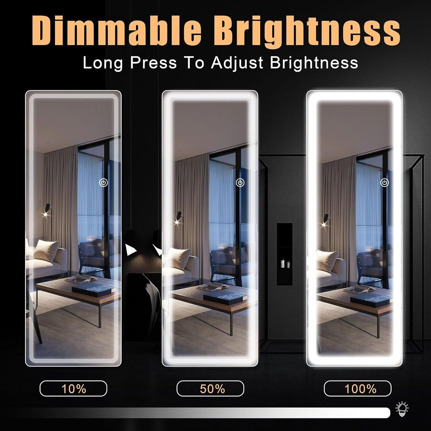 Grand miroir de sol avec éclairage LED, miroir pleine longueur 64 x 21 pouces avec support, miroir mural suspendu, miroir corporel entier.