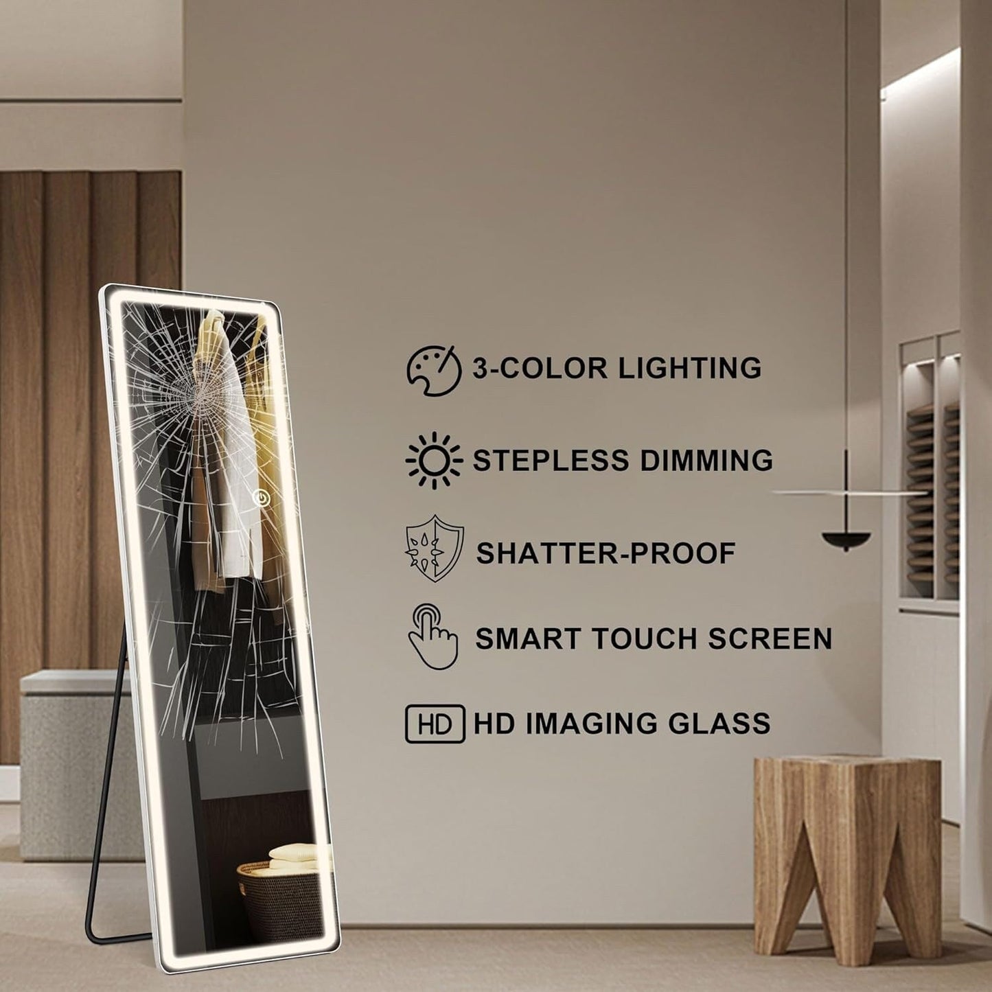 Grand miroir de sol avec éclairage LED, miroir pleine longueur 64 x 21 pouces avec support, miroir mural suspendu, miroir corporel entier.