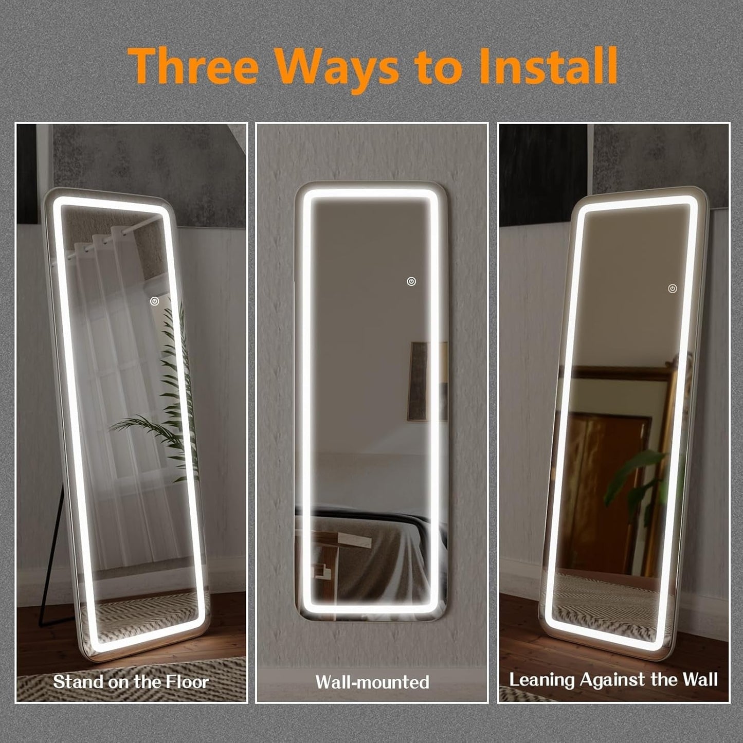 Grand miroir de sol avec éclairage LED, miroir pleine longueur 64 x 21 pouces avec support, miroir mural suspendu, miroir corporel entier.