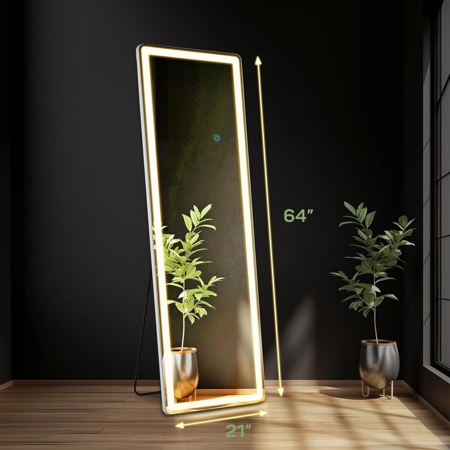 Grand miroir de sol avec éclairage LED, miroir pleine longueur 64 x 21 pouces avec support, miroir mural suspendu, miroir corporel entier.