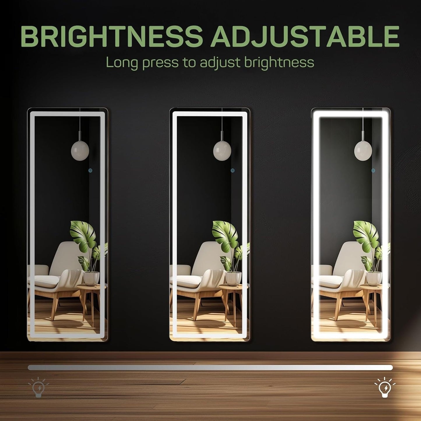 Grand miroir de sol avec éclairage LED, miroir pleine longueur 64 x 21 pouces avec support, miroir mural suspendu, miroir corporel entier.