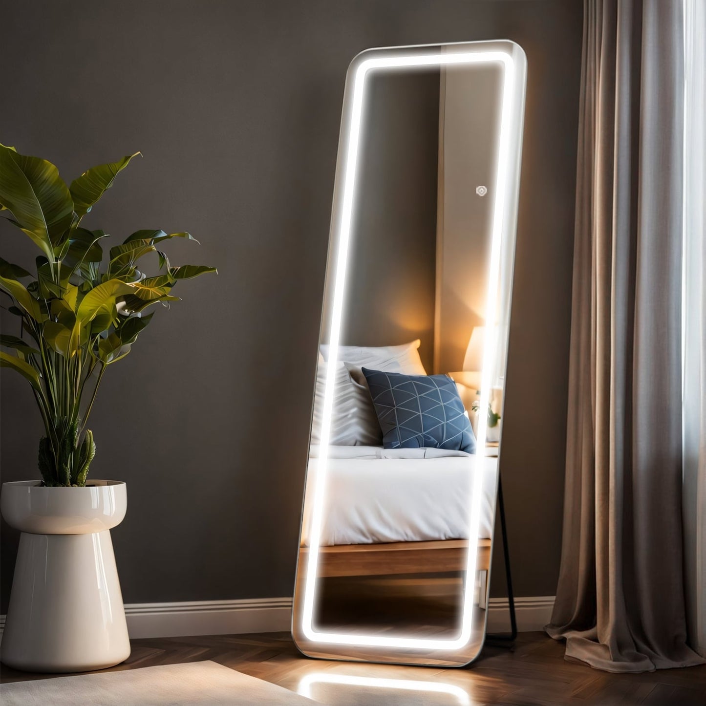 Grand miroir de sol avec éclairage LED, miroir pleine longueur 64 x 21 pouces avec support, miroir mural suspendu, miroir corporel entier.