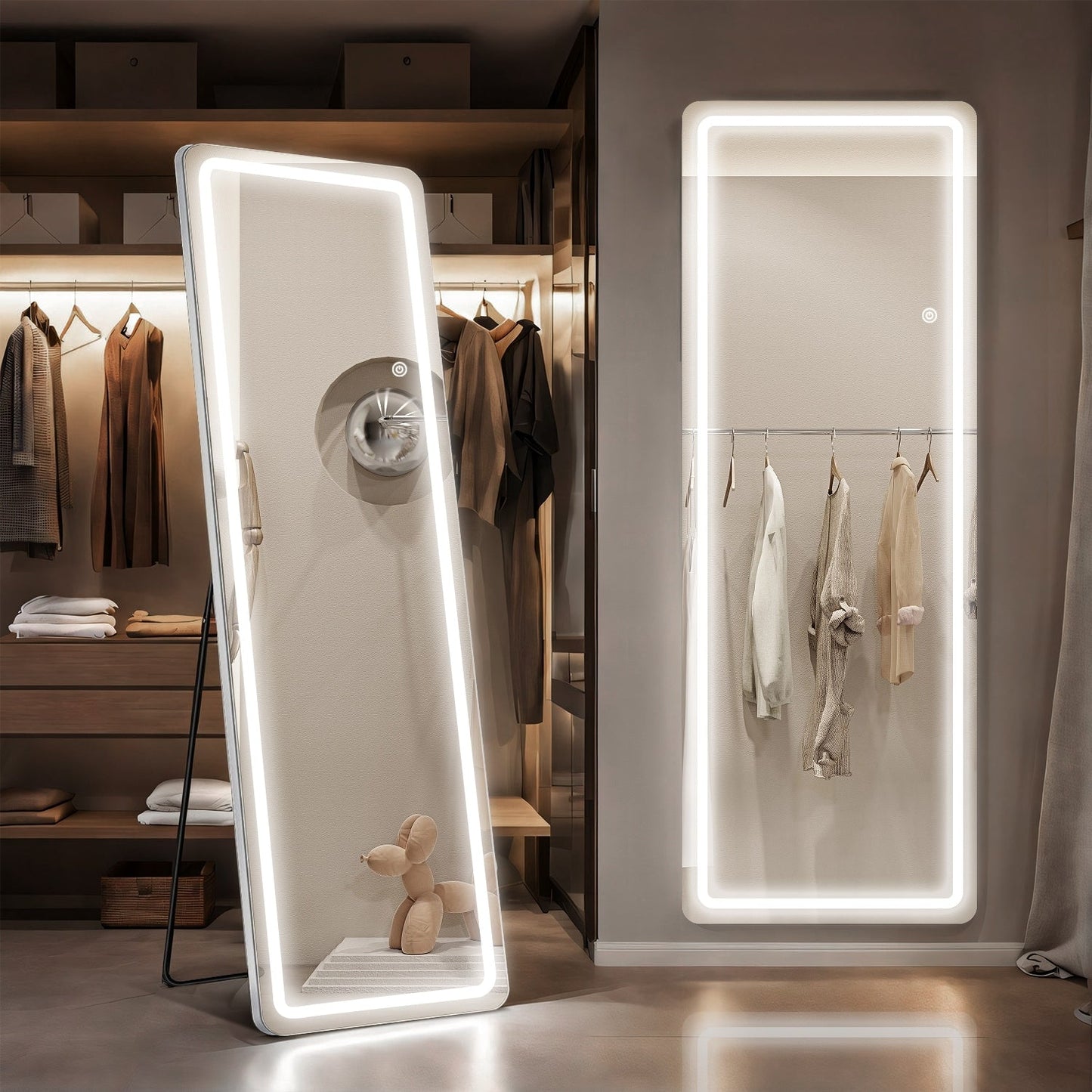 Grand miroir de sol avec éclairage LED, miroir pleine longueur 64 x 21 pouces avec support, miroir mural suspendu, miroir corporel entier.