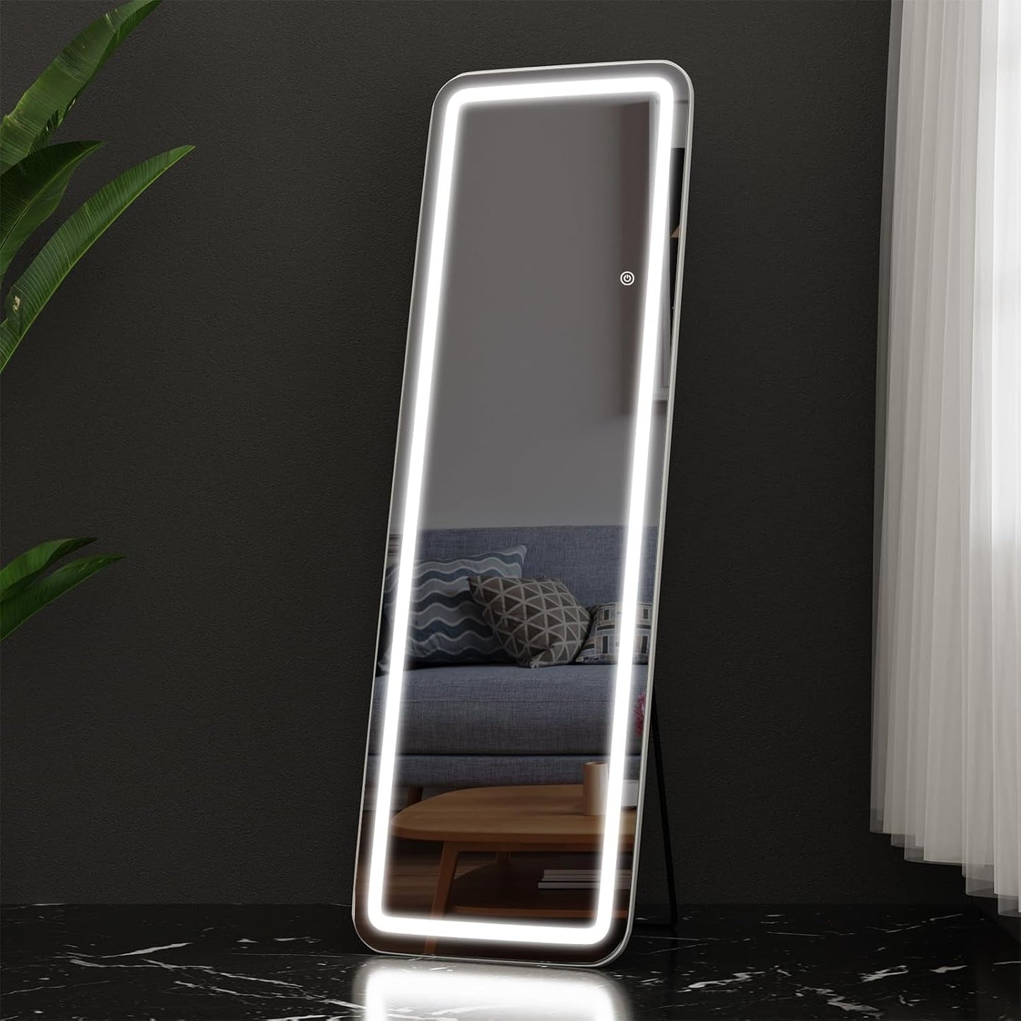 Grand miroir de sol avec éclairage LED, miroir pleine longueur 64 x 21 pouces avec support, miroir mural suspendu, miroir corporel entier.