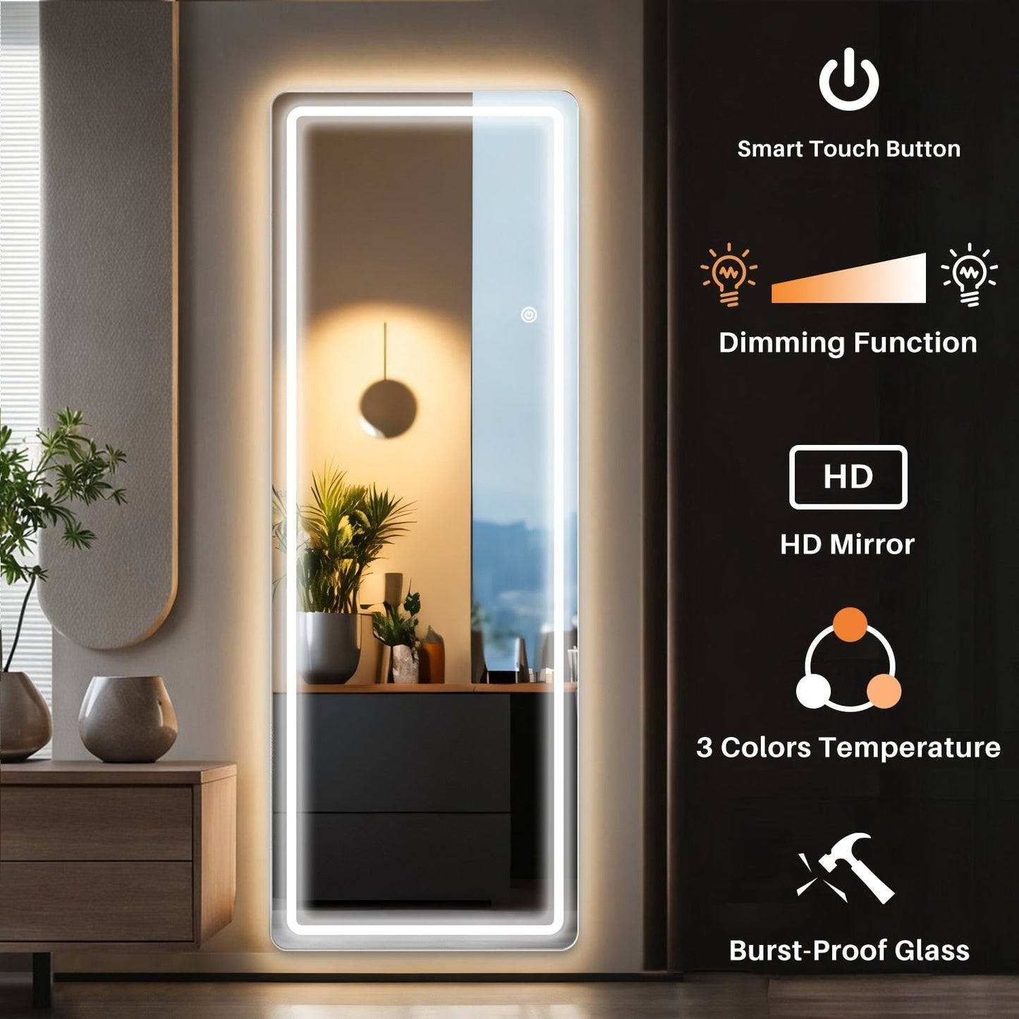 Grand miroir de sol avec éclairage LED, miroir pleine longueur 64 x 21 pouces avec support, miroir mural suspendu, miroir corporel entier.