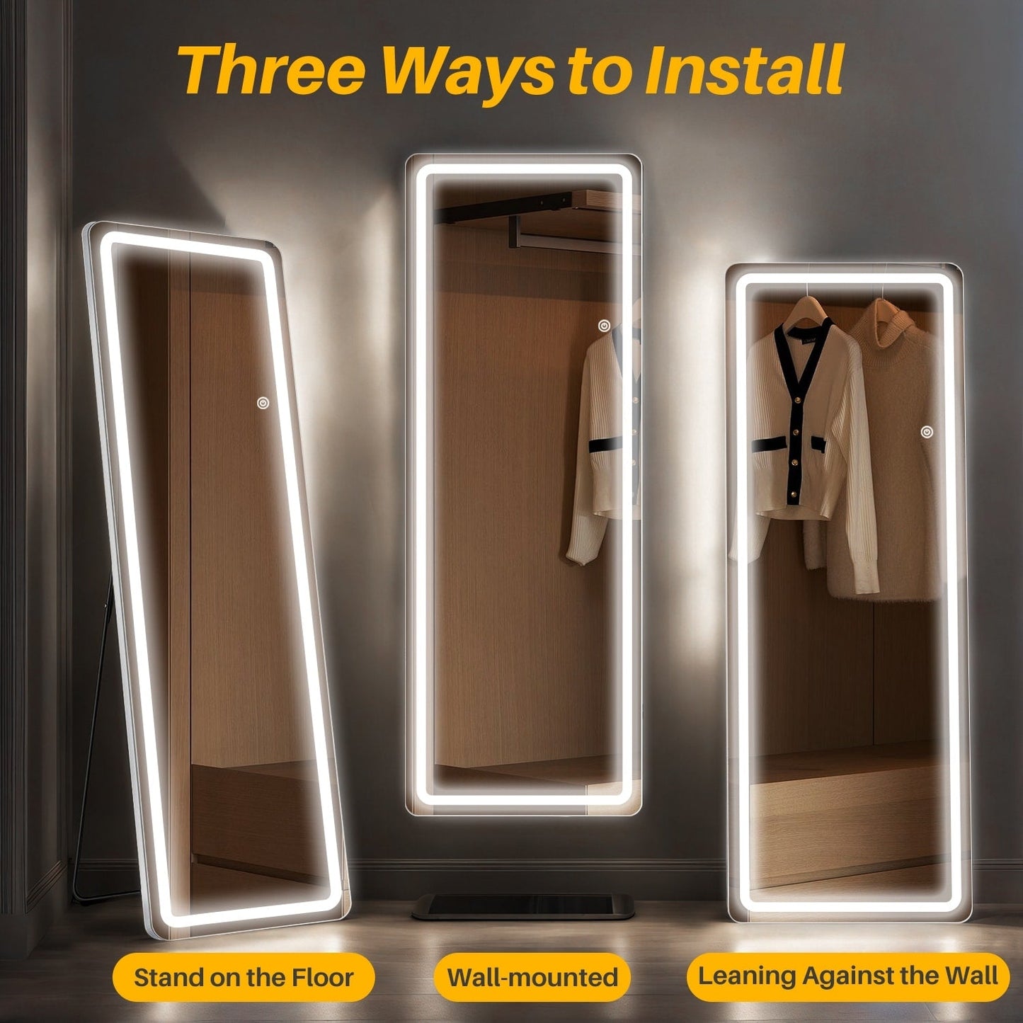 Grand miroir de sol avec éclairage LED, miroir pleine longueur 64 x 21 pouces avec support, miroir mural suspendu, miroir corporel entier.
