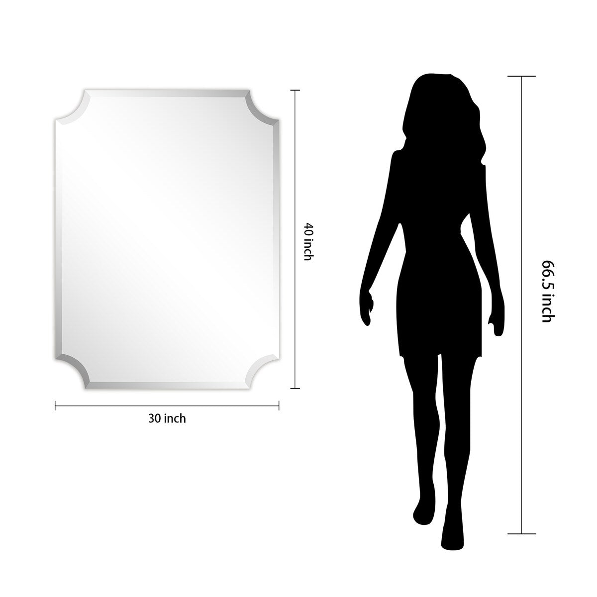 Miroir mural rectangulaire sans cadre, à bords festonnés et biseautés, pour salle de bain, meuble-lavabo, chambre à coucher, bord biseauté de 1 côté - Transparent