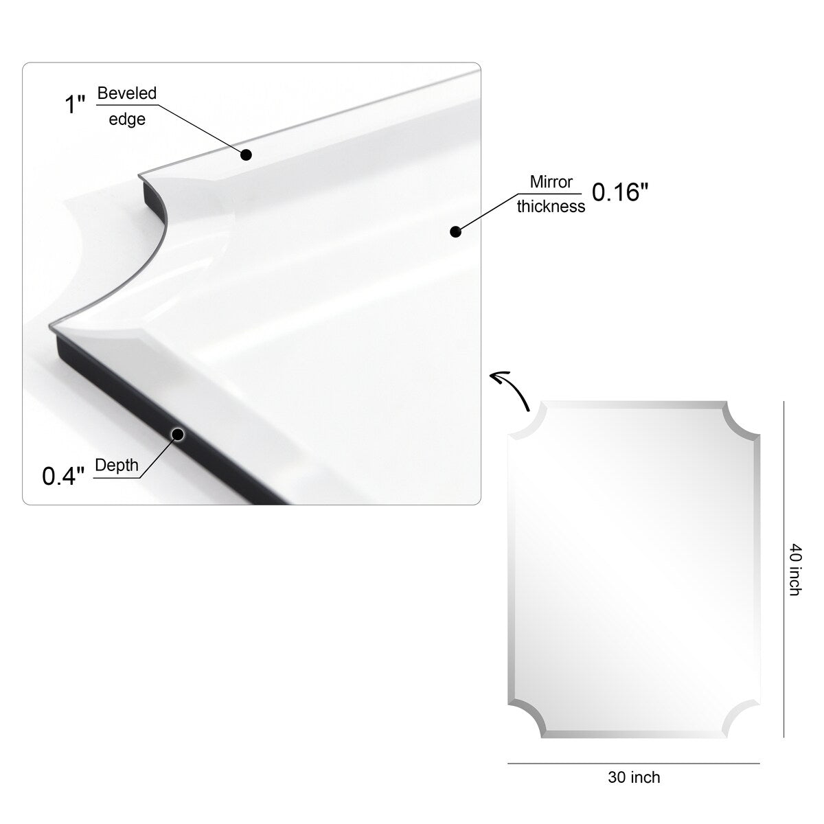 Miroir mural rectangulaire sans cadre, à bords festonnés et biseautés, pour salle de bain, meuble-lavabo, chambre à coucher, bord biseauté de 1 côté - Transparent