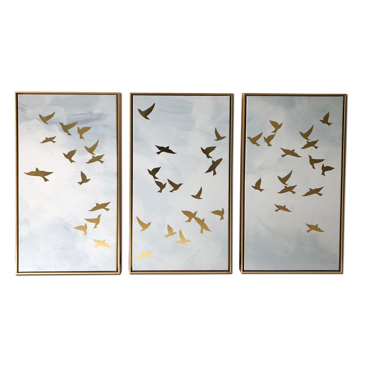 Impression sur toile en trois parties représentant des oiseaux dorés, avec cadre flottant doré, pour décoration murale.