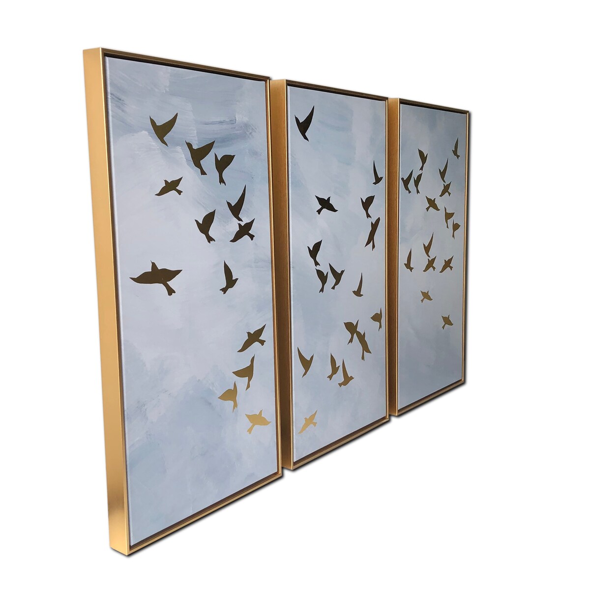 Impression sur toile en trois parties représentant des oiseaux dorés, avec cadre flottant doré, pour décoration murale.