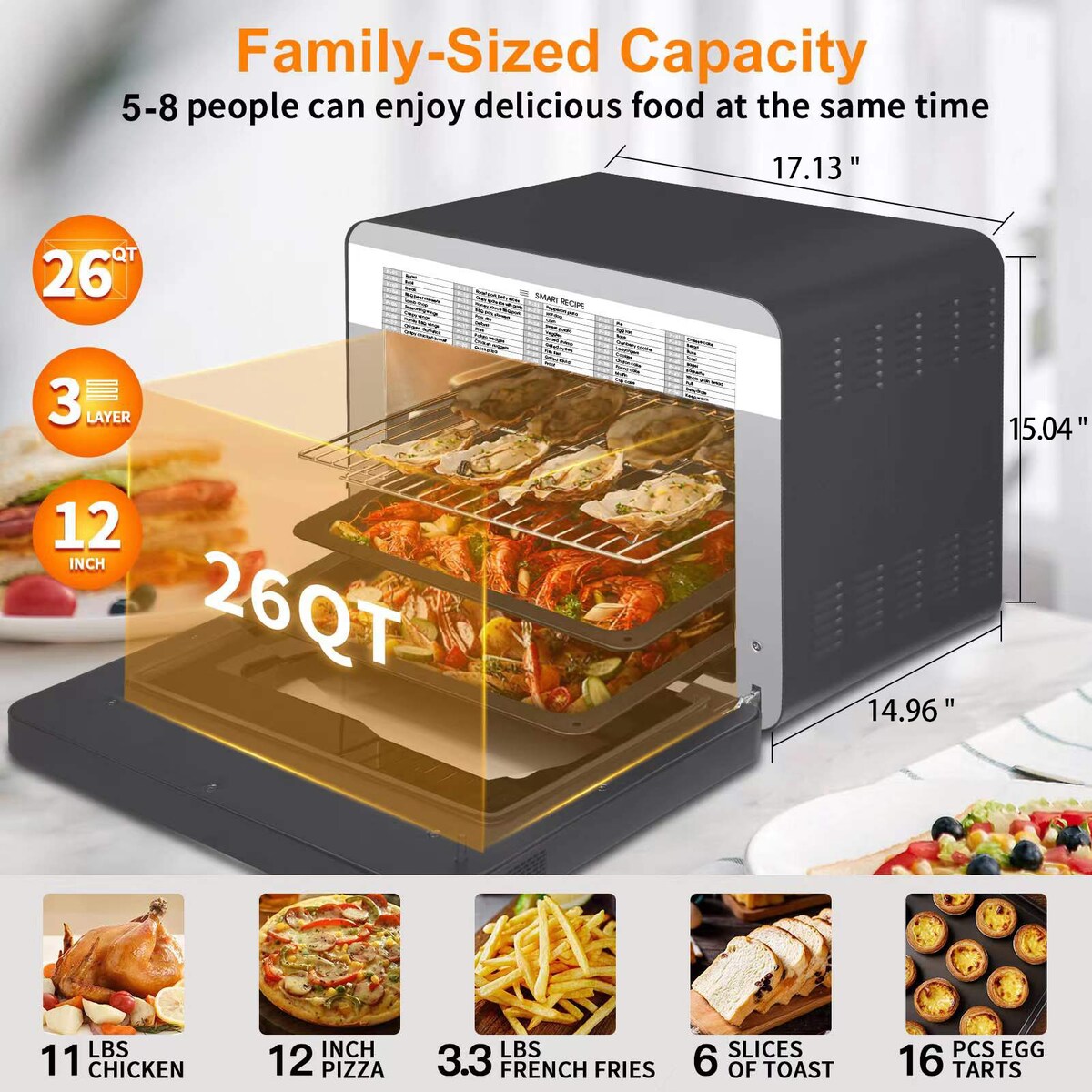 Four à convection et friteuse à vapeur Geek Chef 26 QT, 50 programmes de cuisson préprogrammés, acier inoxydable noir