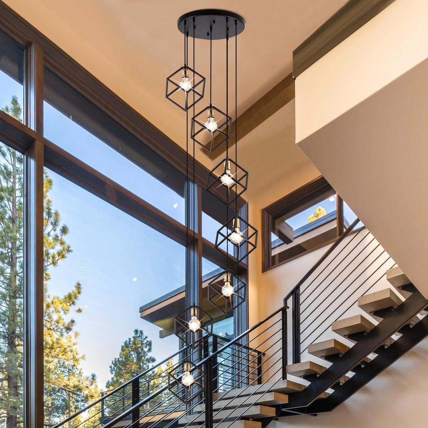 Suspension géométrique pour escalier, hauteur réglable, lustre à 5 ou 7 lumières.