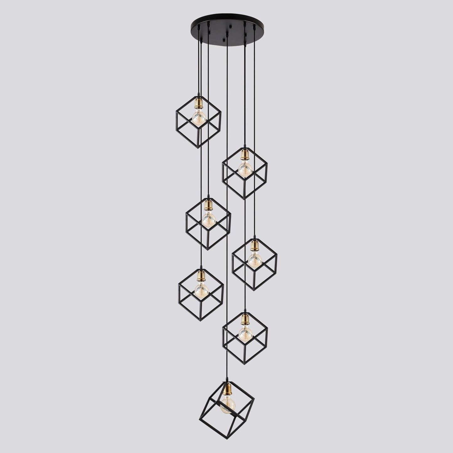 Suspension géométrique pour escalier, hauteur réglable, lustre à 5 ou 7 lumières.