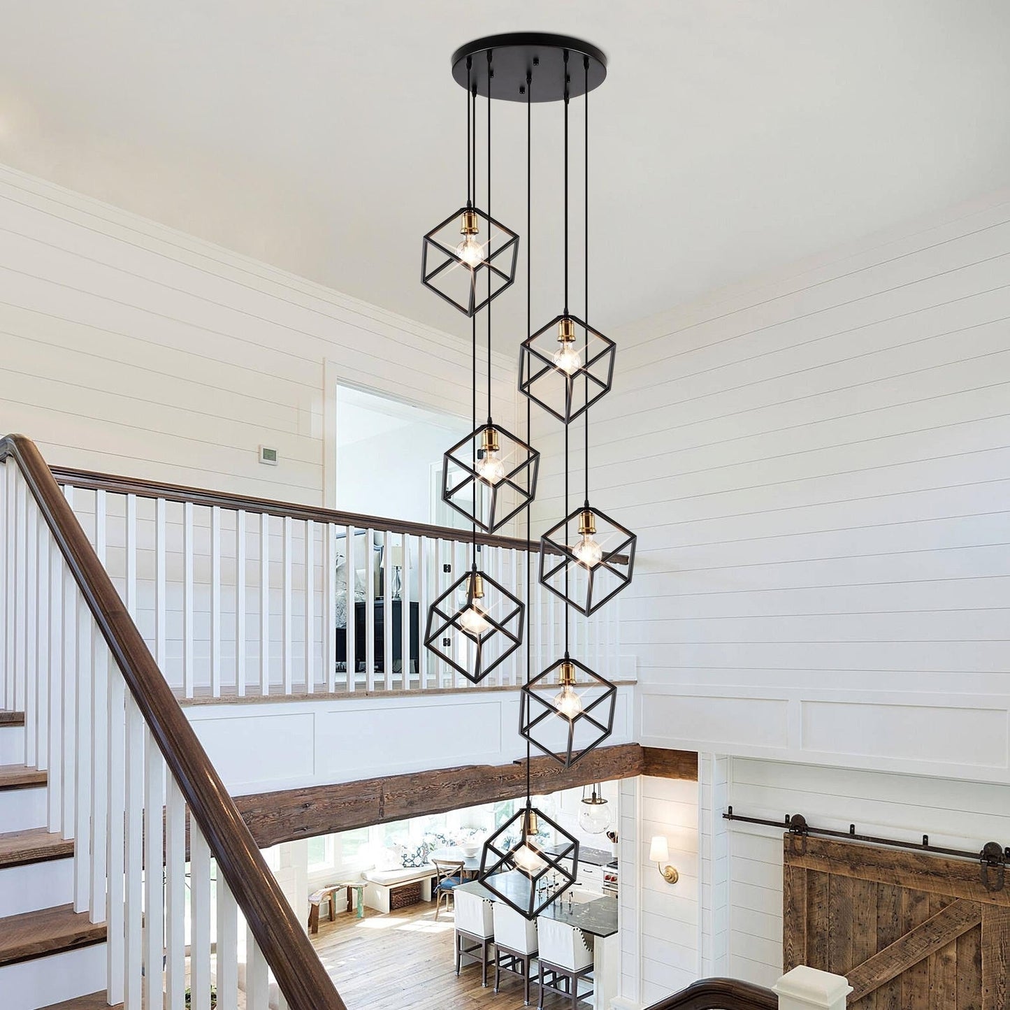 Suspension géométrique pour escalier, hauteur réglable, lustre à 5 ou 7 lumières.