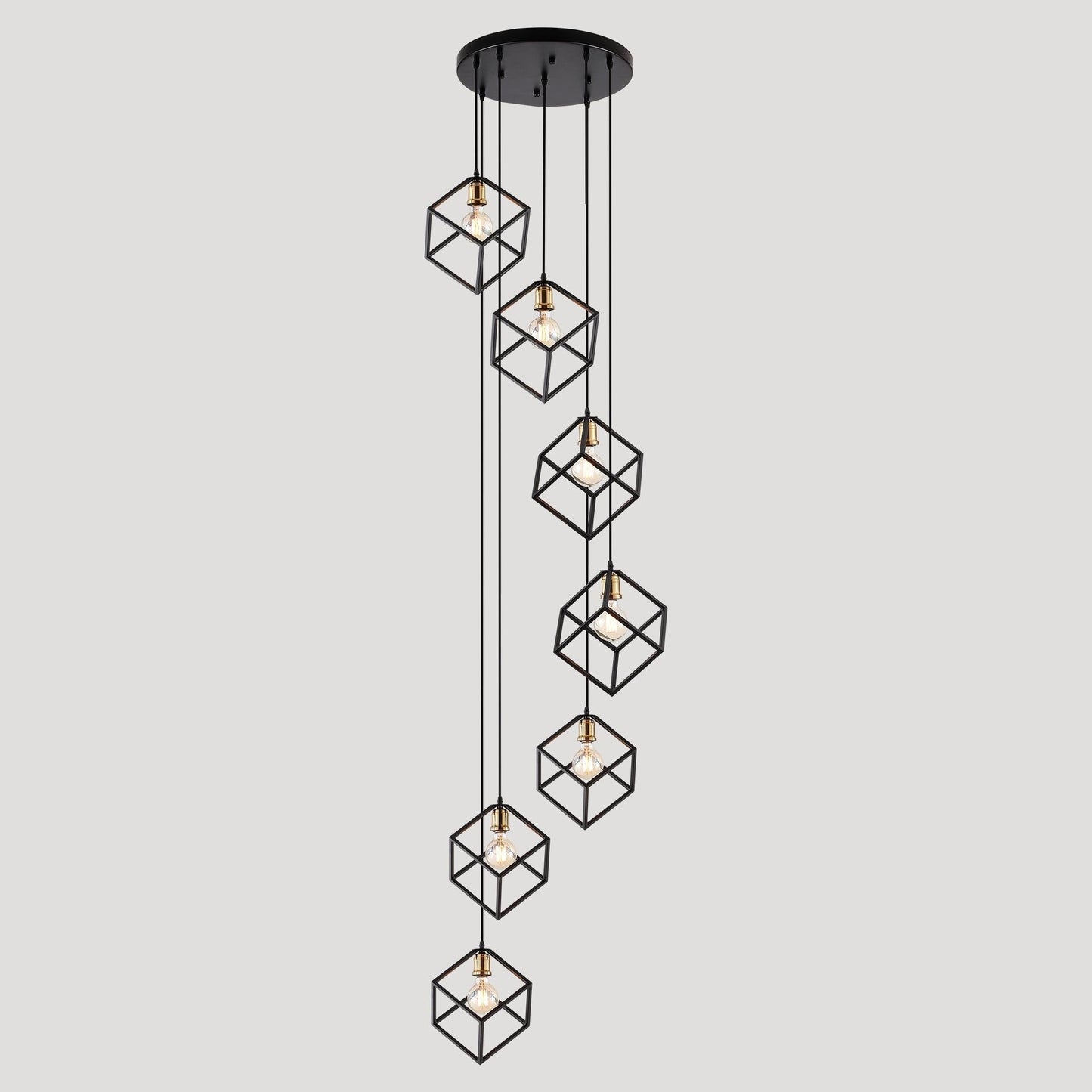 Suspension géométrique pour escalier, hauteur réglable, lustre à 5 ou 7 lumières.