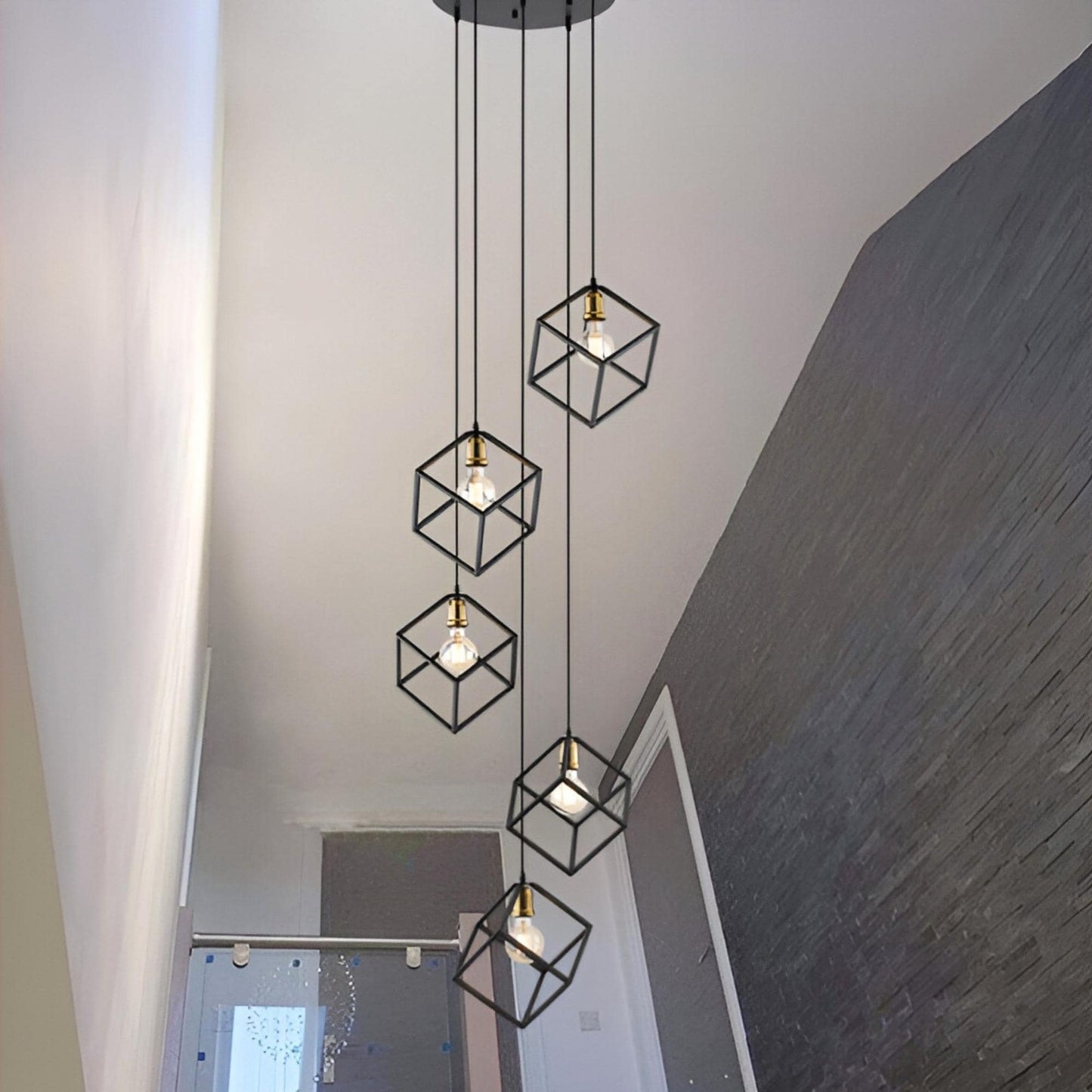 Suspension géométrique pour escalier, hauteur réglable, lustre à 5 ou 7 lumières.