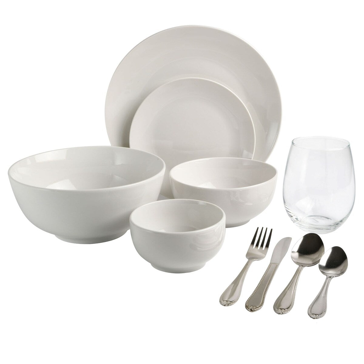 Service de table Gibson Home All U Need, 60 pièces : assiettes, bols, verrerie, fourchettes, cuillères et couteaux (service pour 6 personnes)