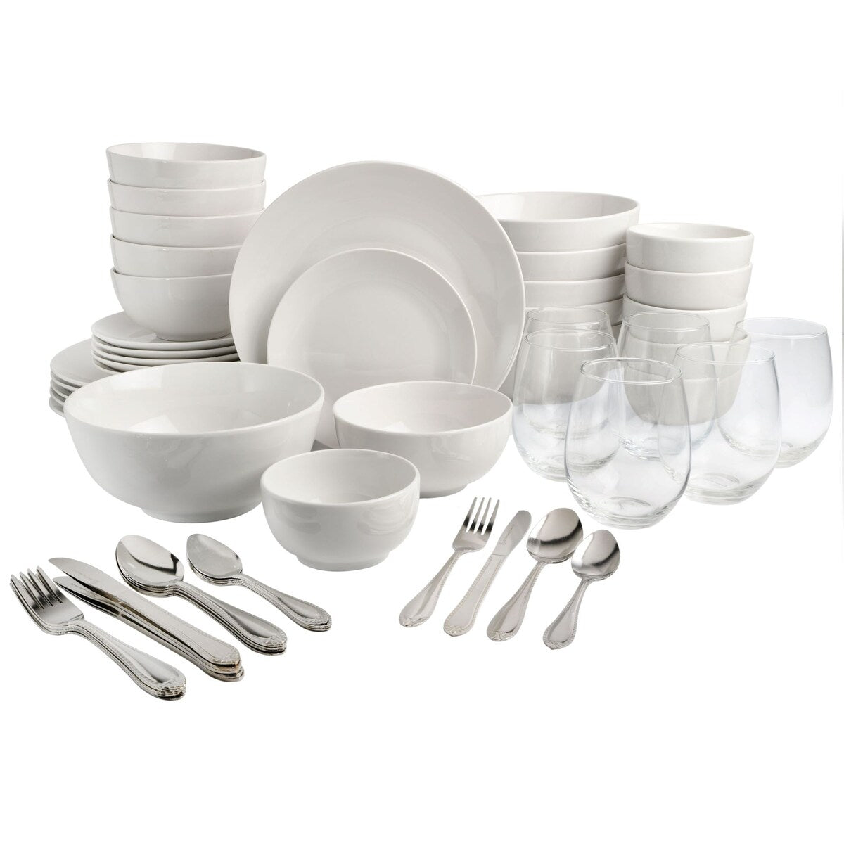 Service de table Gibson Home All U Need, 60 pièces : assiettes, bols, verrerie, fourchettes, cuillères et couteaux (service pour 6 personnes)