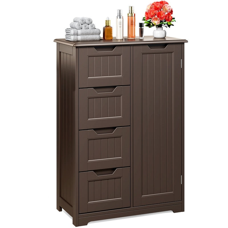 Meuble de rangement pour salle de bain, meuble de rangement au sol avec 4 tiroirs et étagère réglable