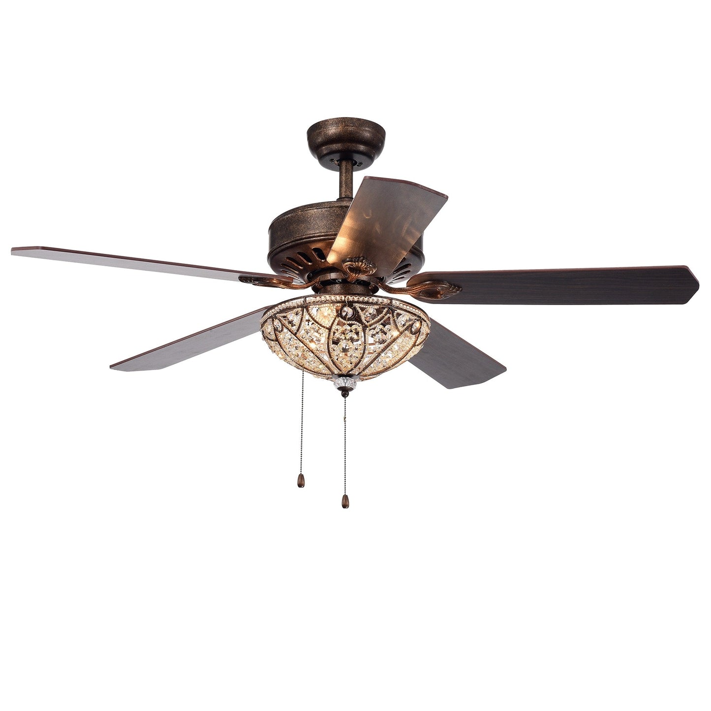 Ventilateur de plafond Gliska à 5 pales en bronze rustique avec abat-jour en cristal