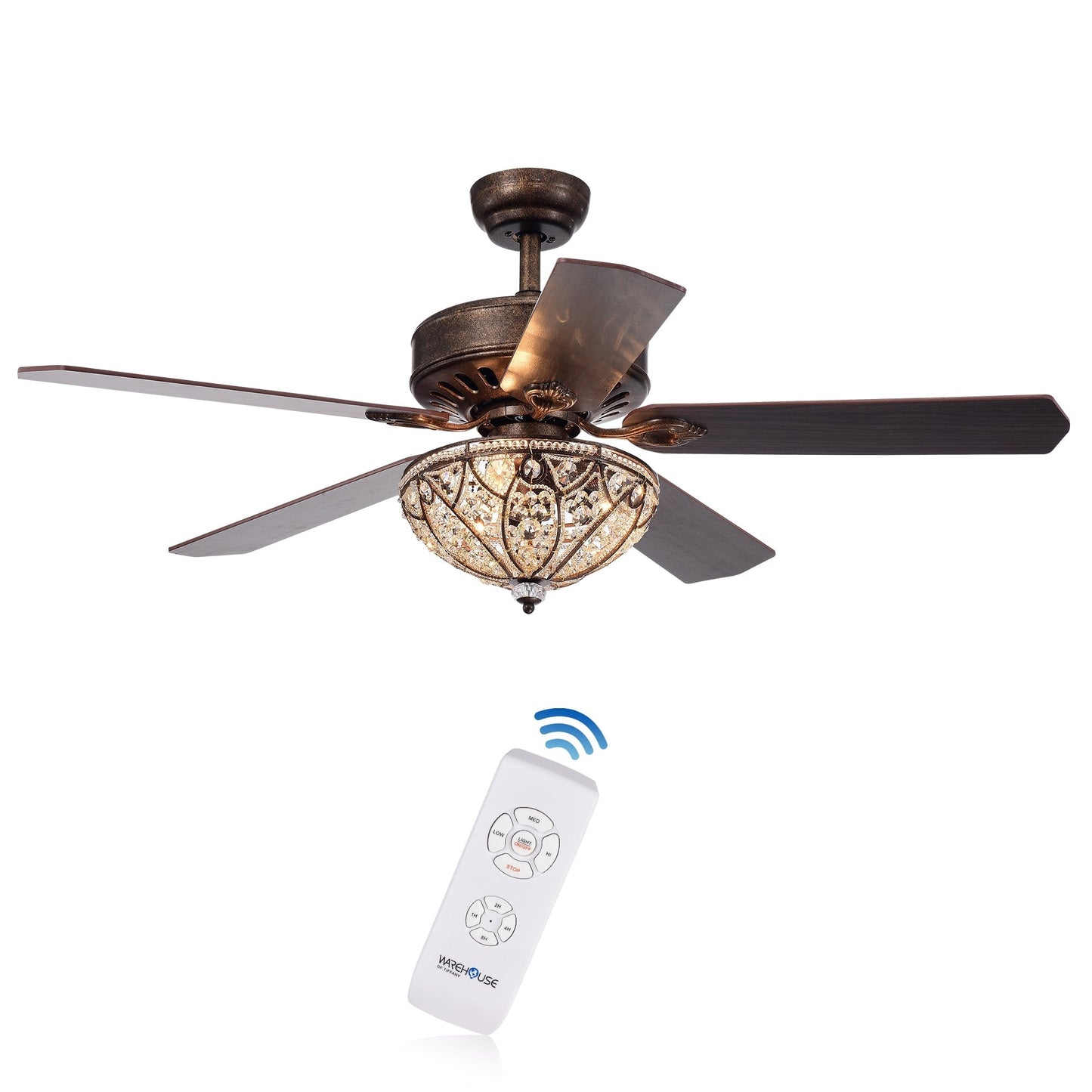 Ventilateur de plafond Gliska à 5 pales en bronze rustique avec abat-jour en cristal