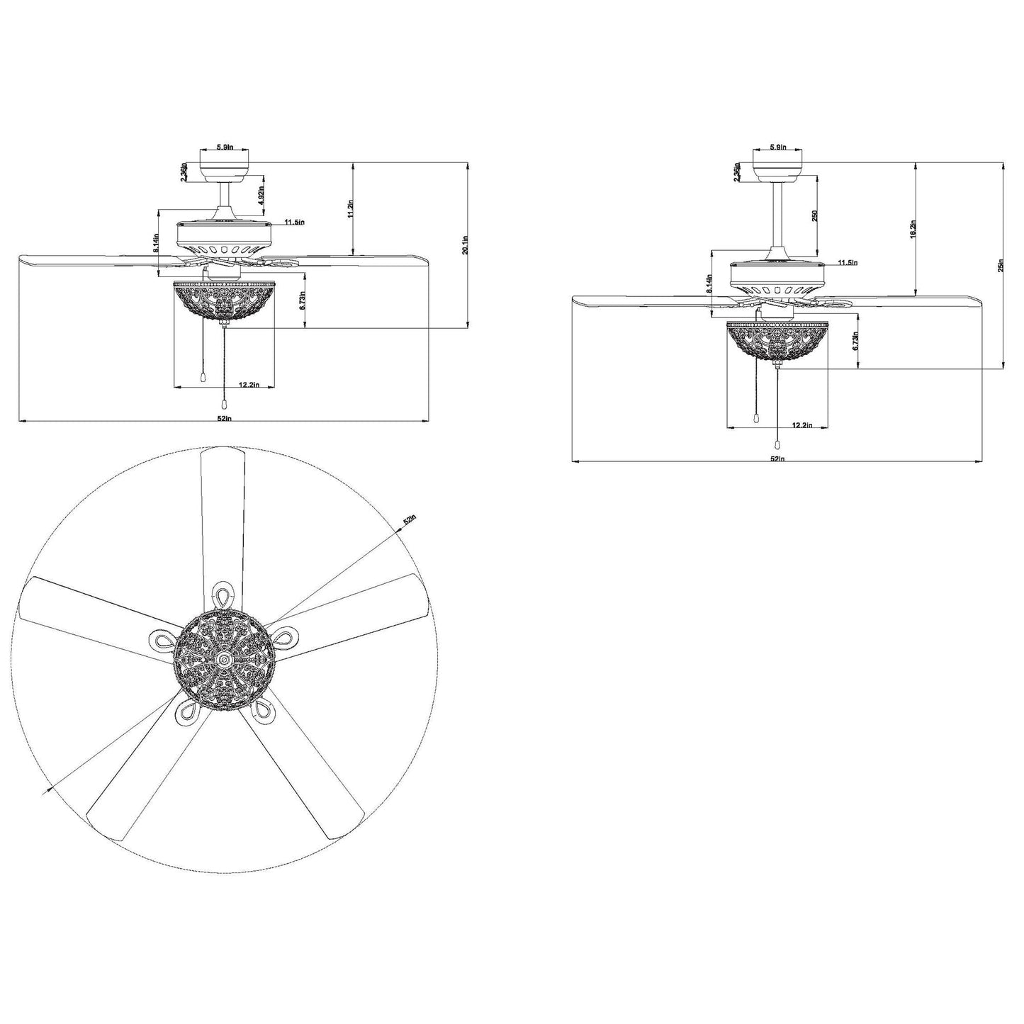 Ventilateur de plafond Gliska à 5 pales en bronze rustique avec abat-jour en cristal