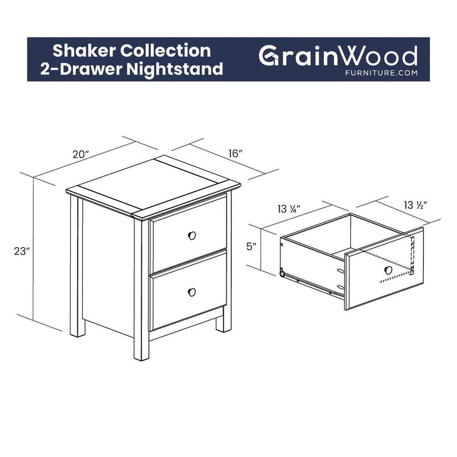 Table de chevet Shaker en bois massif à 2 tiroirs de Grain Wood Furniture