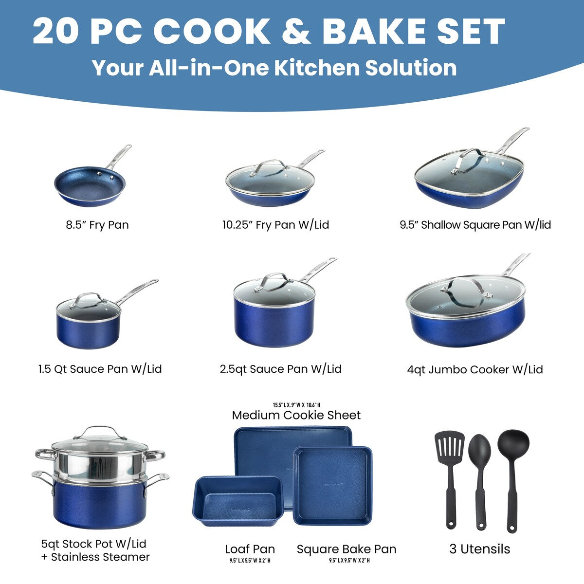 Ensemble de 20 pièces de batterie de cuisine antiadhésive Granitestone bleue