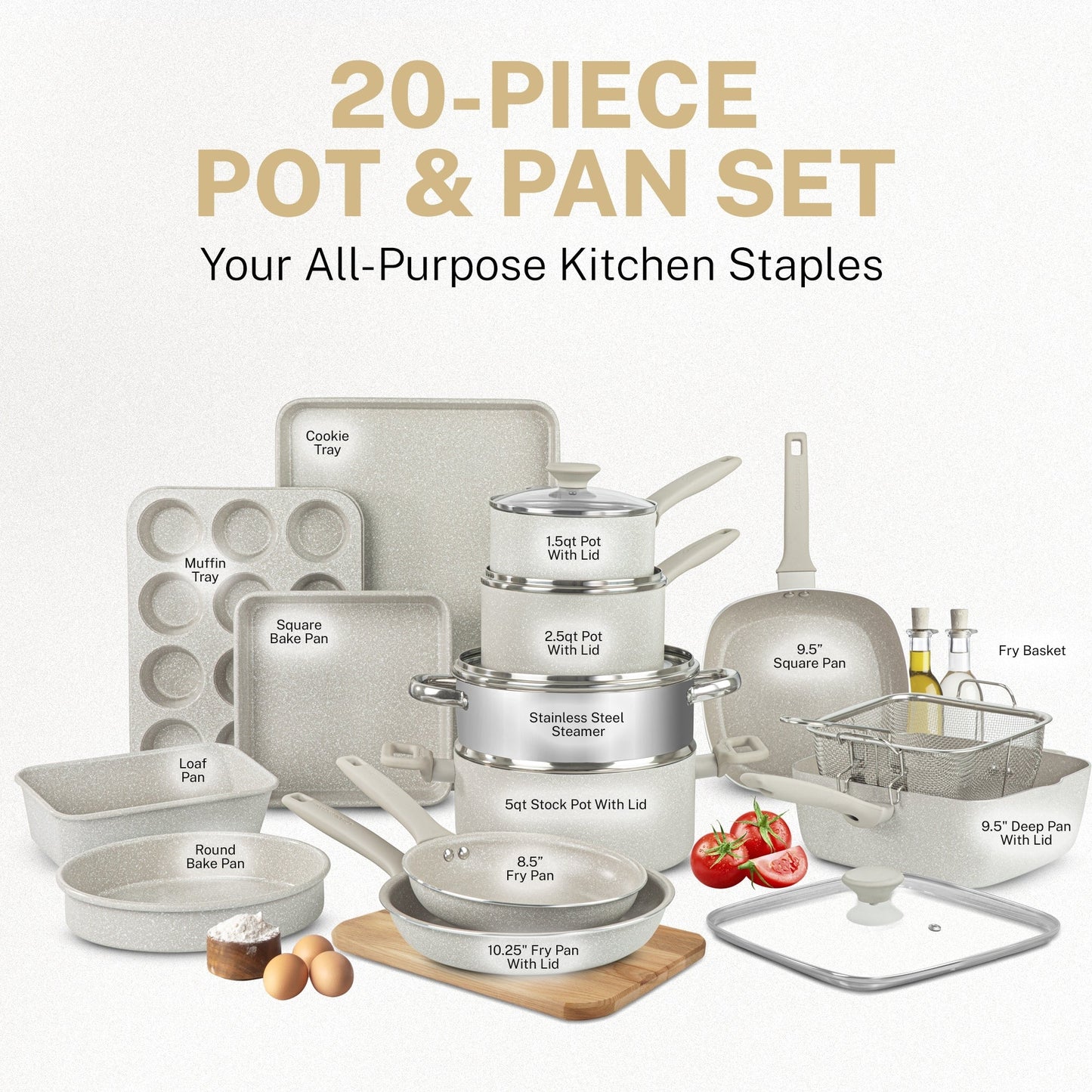 Ensemble de 20 pièces de casseroles et de plaques à pâtisserie antiadhésives Granitestone Desert Cream