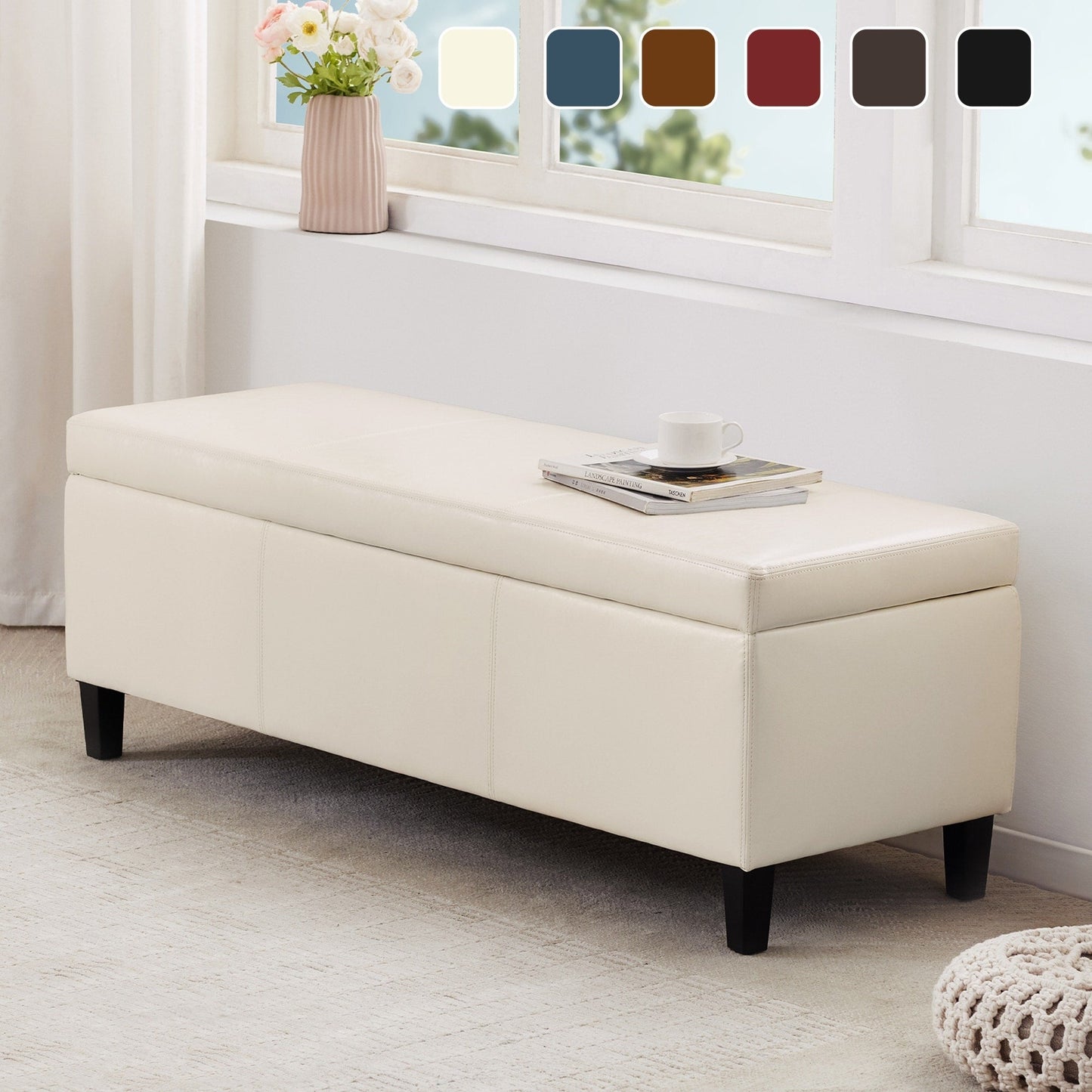 Ottoman rectangulaire de rangement recouvert de simili cuir - 50,3 x 17,50 x 18 pouces