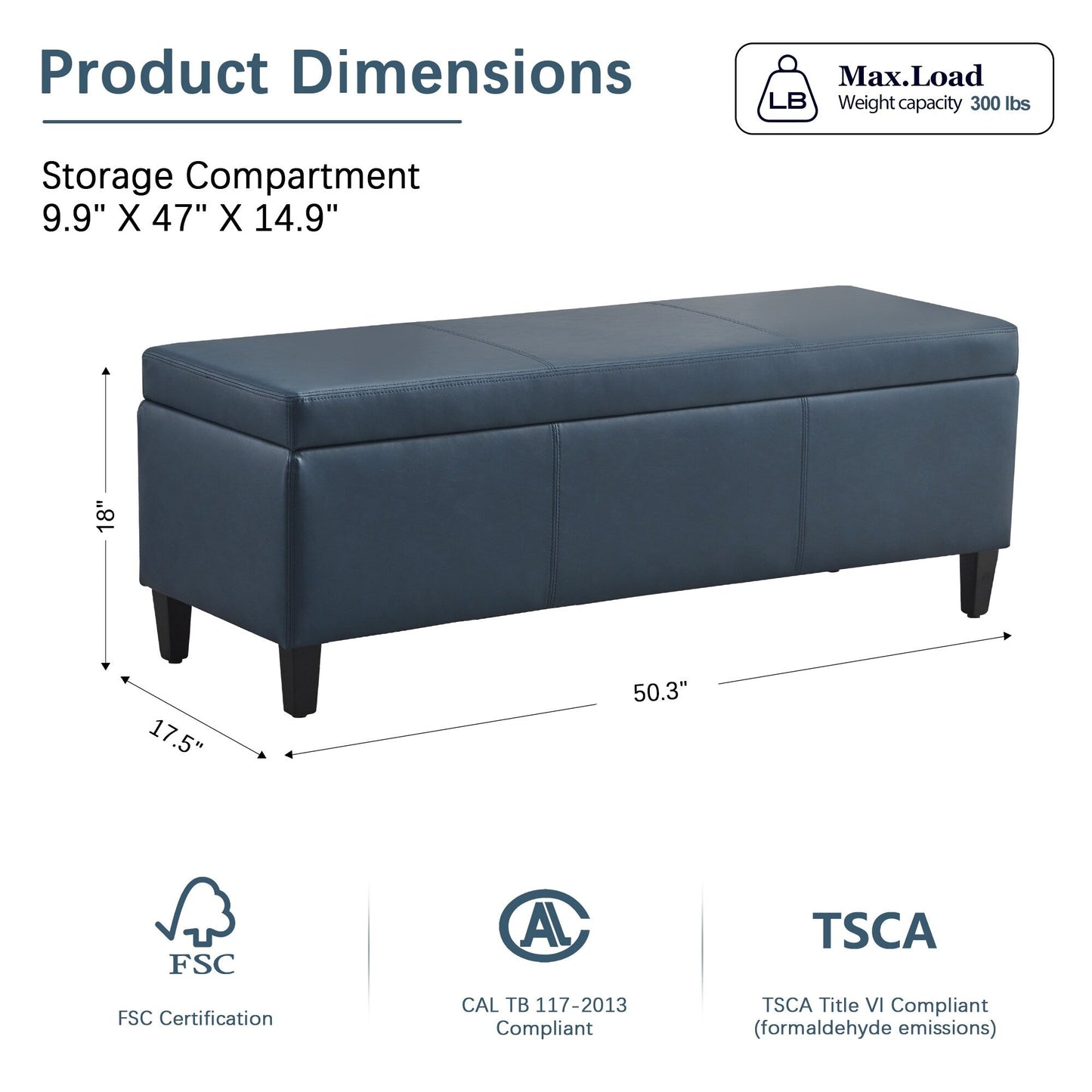 Ottoman rectangulaire de rangement recouvert de simili cuir - 50,3 x 17,50 x 18 pouces